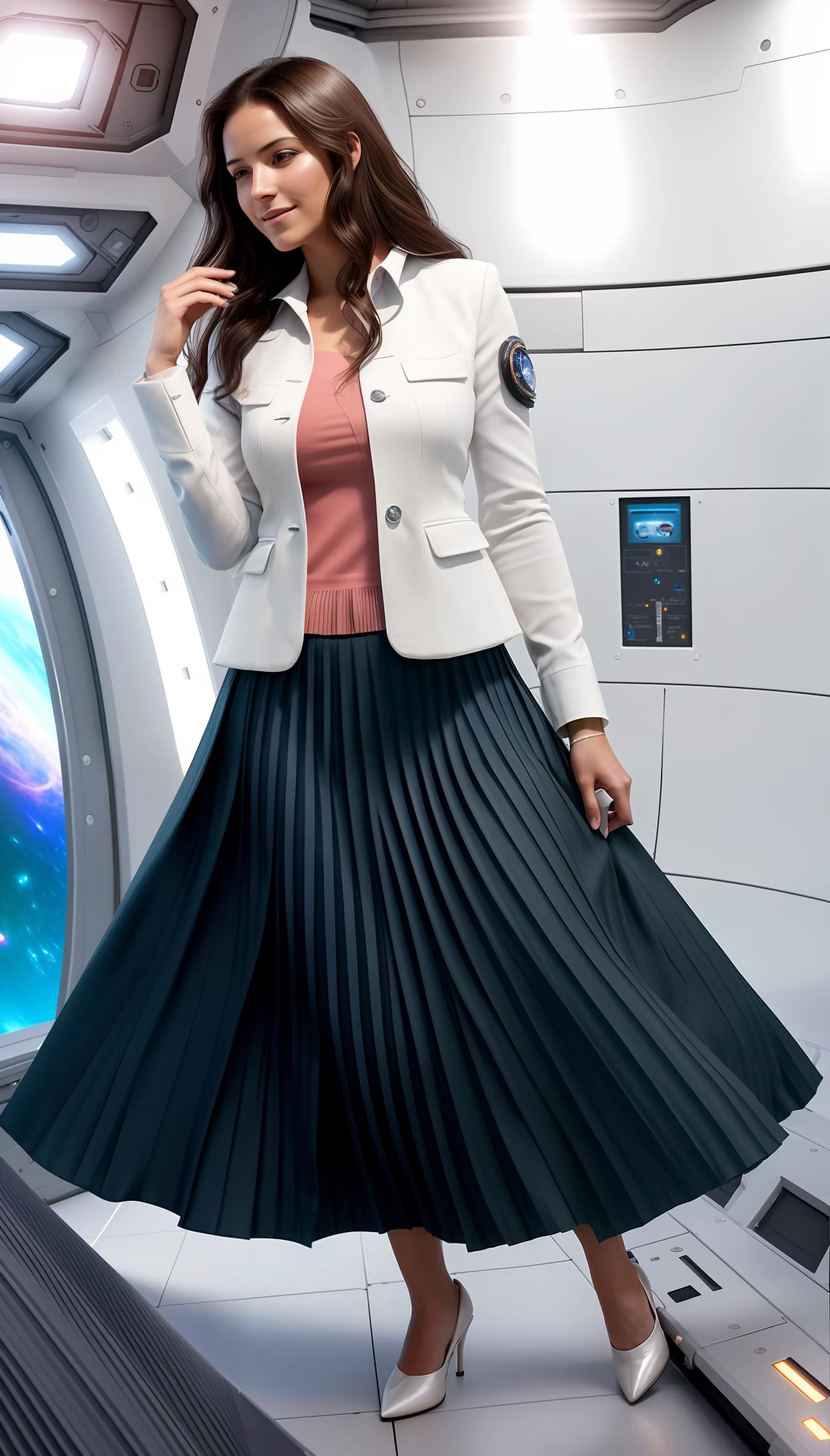 a therapist is dancing in her skirt (in a flirting manner:1.3) while in a space station, (shy) authentic (kind and tender) lesbian woman wearing a short blazer with a very very detailed (long (fully pleated) full circle skirt) and (simple) low heeled office shoes, very very intricate hyper-detailed symmetric (attractive graceful young feminine face) with (sad, tired) eyes and a (flirty smile), full of empathy and compassion and love, (pronounced feminine features:1,3), extremely freckled skin and very long dark hair, big boobs, large breasts, shirtless, topless, (highly detailed ultra accurate realistic) hands and fingers, ((windy conditions and wind blowing)), epic composition, highly detailed attributes, highly detailed atmosphere, detailed background, intricate, Exquisite details and textures, highly detailed, deep space station secret operations active background,