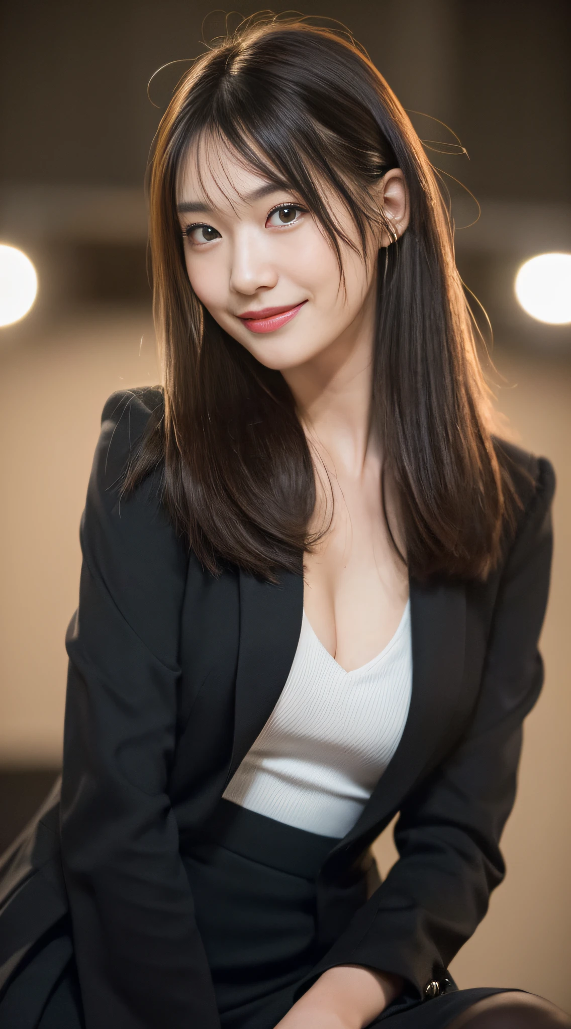(((top quality, 8k, masterpiece))), crisp focus, (beautiful woman with perfect figure), slender, (hairstyle: up)), ((suit: black)), night road: 1.2, highly detailed face and skin texture, detailed eyes, double eyelids, (smile), Japan person, skirt, cute, beautiful breasts