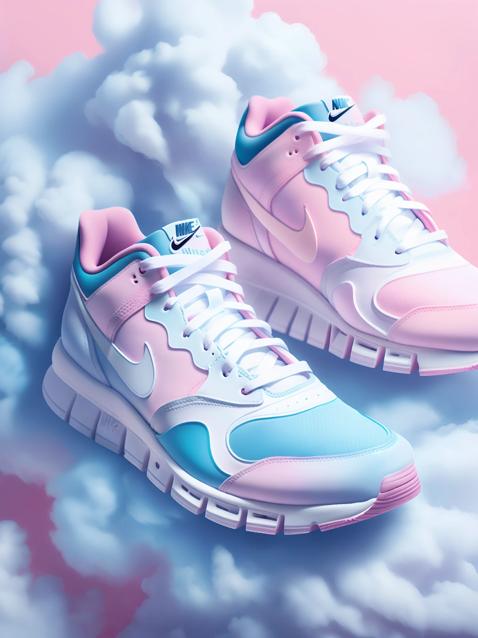 pair of shoes that are made of cotton candy| 3D render| standing on a cloud| nike logo| clean composition| a beautiful artwork illustration| art by midjourney