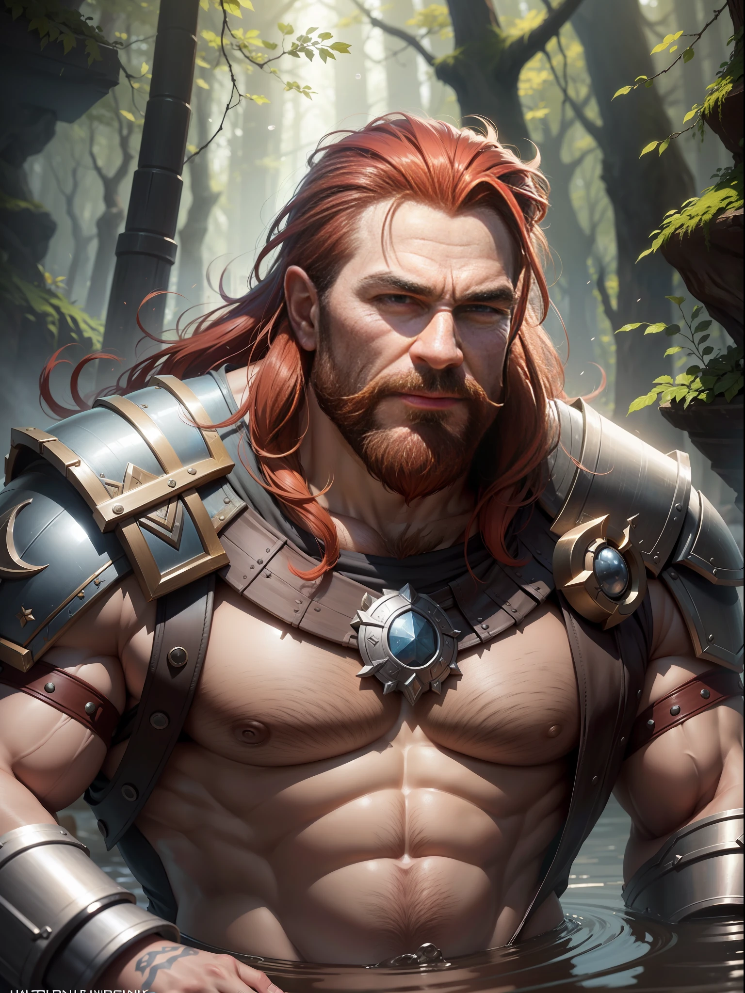 Name: Haldrik Race: Dwarf Class: Warrior Age: 130 Appearance: Haldrik is an imposing dwarf with strong muscles and a friendly expression on his face. His red hair glows in the sunlight, matching his well-groomed beard. His blue eyes are vivid and full of vitality, always ready for a prank. Your skin is lightly tanned, the result of countless hours outdoors., high detail, Conceptual art, high detail, cinematic lighting, reflection light, Ultra-Wide Angle, Hasselblad, UHD, masterpiece, anatomically correct, high quality, best quality, 1080P, 4K