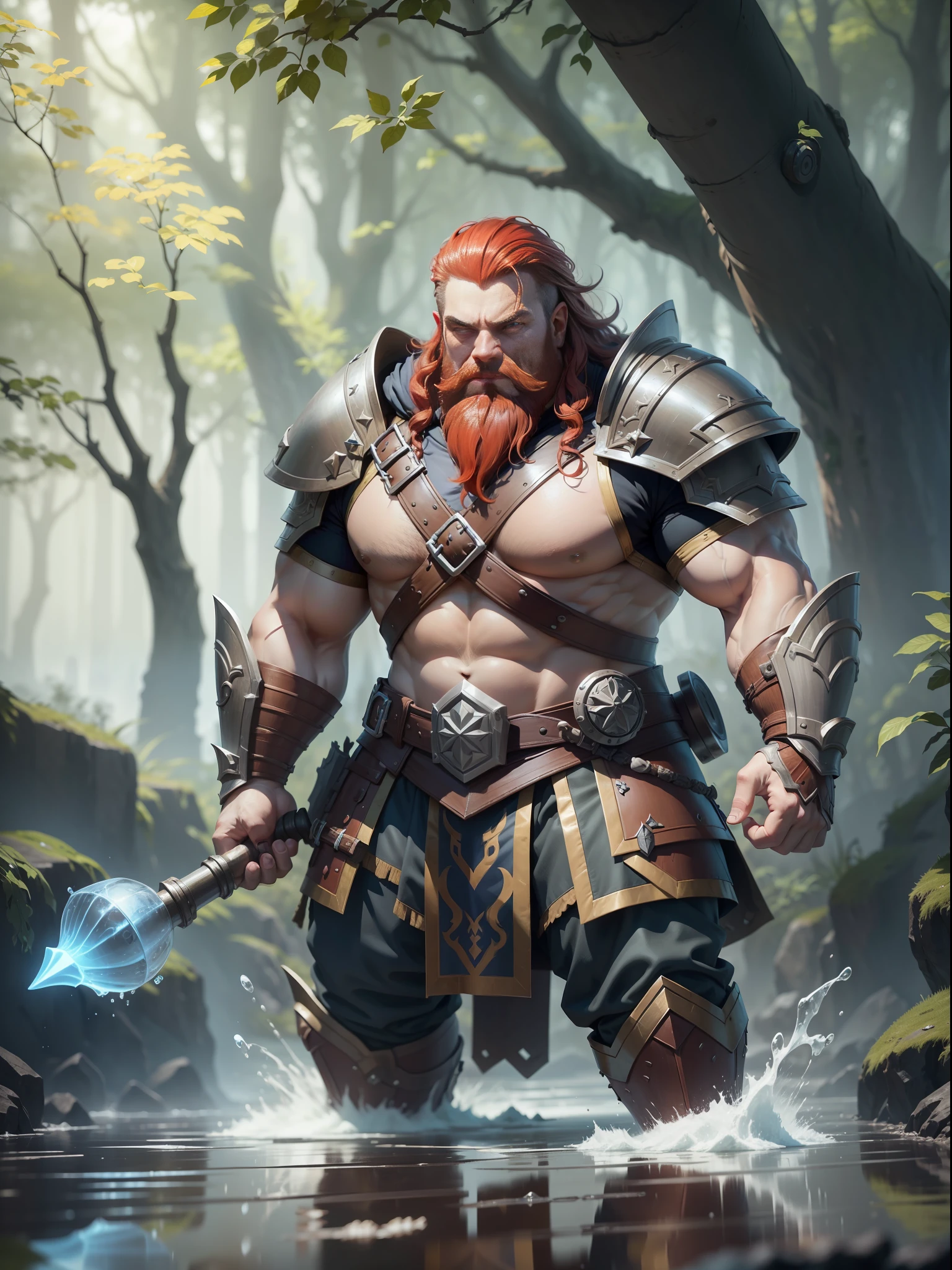 Name: Haldrik Race: Dwarf Class: Warrior Age: 130 Appearance: Haldrik is an imposing dwarf with strong muscles and a friendly expression on his face. His red hair glows in the sunlight, matching his well-groomed beard. His blue eyes are vivid and full of vitality, always ready for a prank. Your skin is lightly tanned, the result of countless hours outdoors., high detail, Conceptual art, high detail, cinematic lighting, reflection light, Ultra-Wide Angle, Hasselblad, UHD, masterpiece, anatomically correct, high quality, best quality, 1080P, 4K