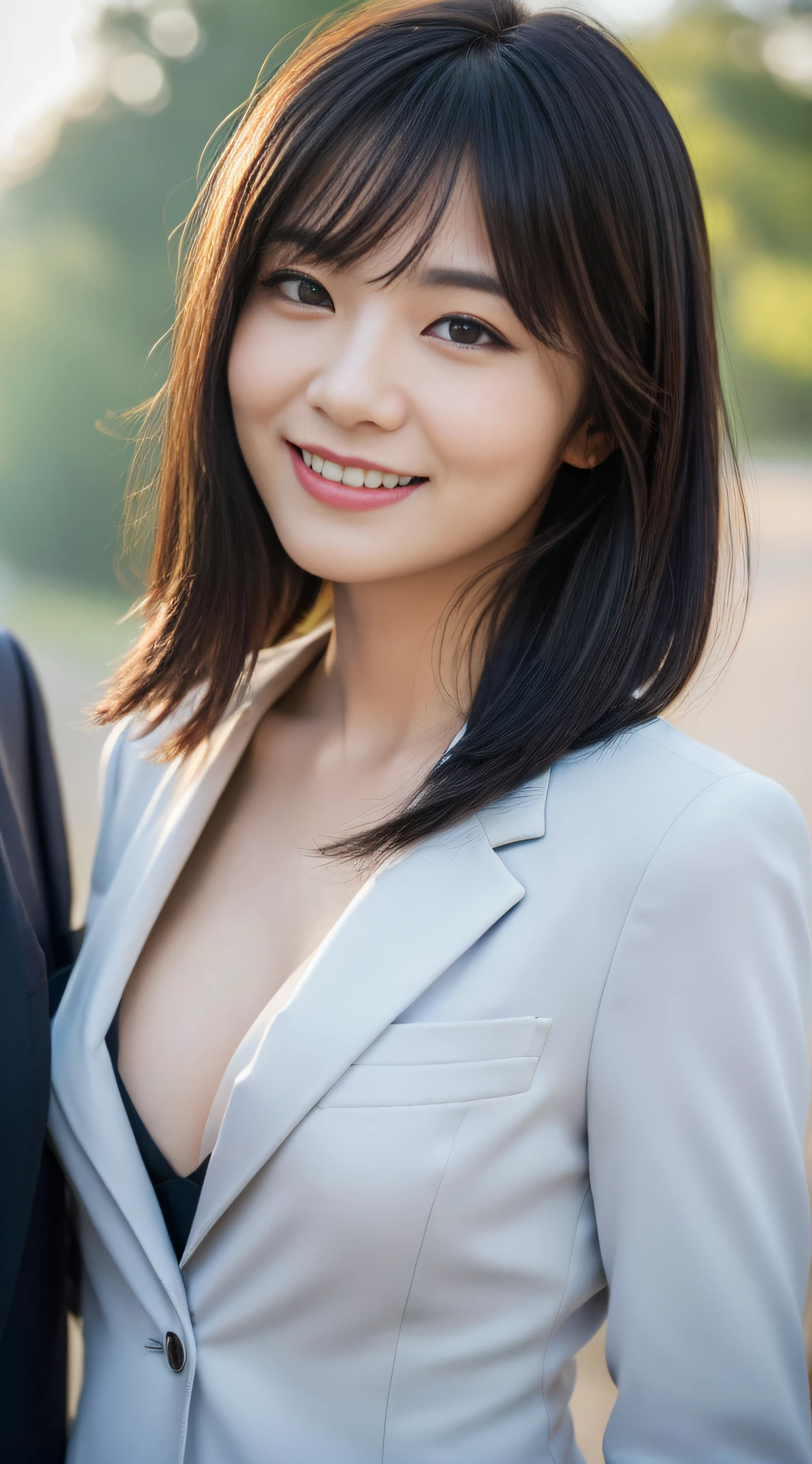 (((top quality, 8k, masterpiece))), crisp focus, (beautiful woman with perfect figure), (hairstyle: up)), ((suit: black)), night road: 1.2, Highly detailed face and skin texture, detailed eyes, double eyelids, (smile), Japan person, upper body, cute, beautiful breasts