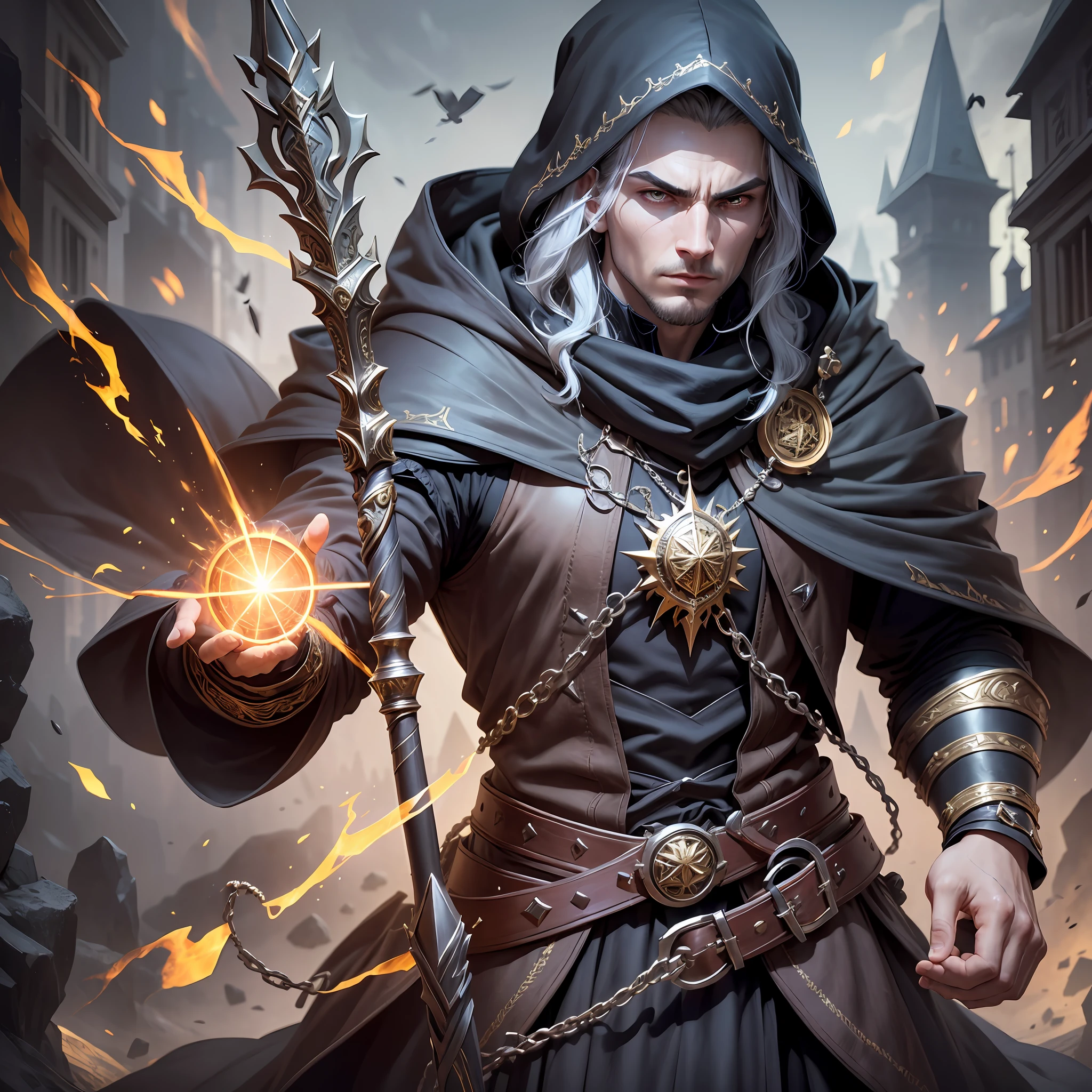 Create a powerful, realistic, masculine young wizard with an imposing outfit. Make sure the resulting image looks dark and threatening, with details that highlight the power of the mage. Add textures and details to the imposing look, such as rich fabrics and gold and silver details. Make sure the resulting image captures the essence of the young wizard, with elements such as a magic staff, and a pointed hat. Add magical effects like bright lights and dark shadows to make the image even more interesting and powerful. Make sure that the resulting image is of high resolution, 8K quality.