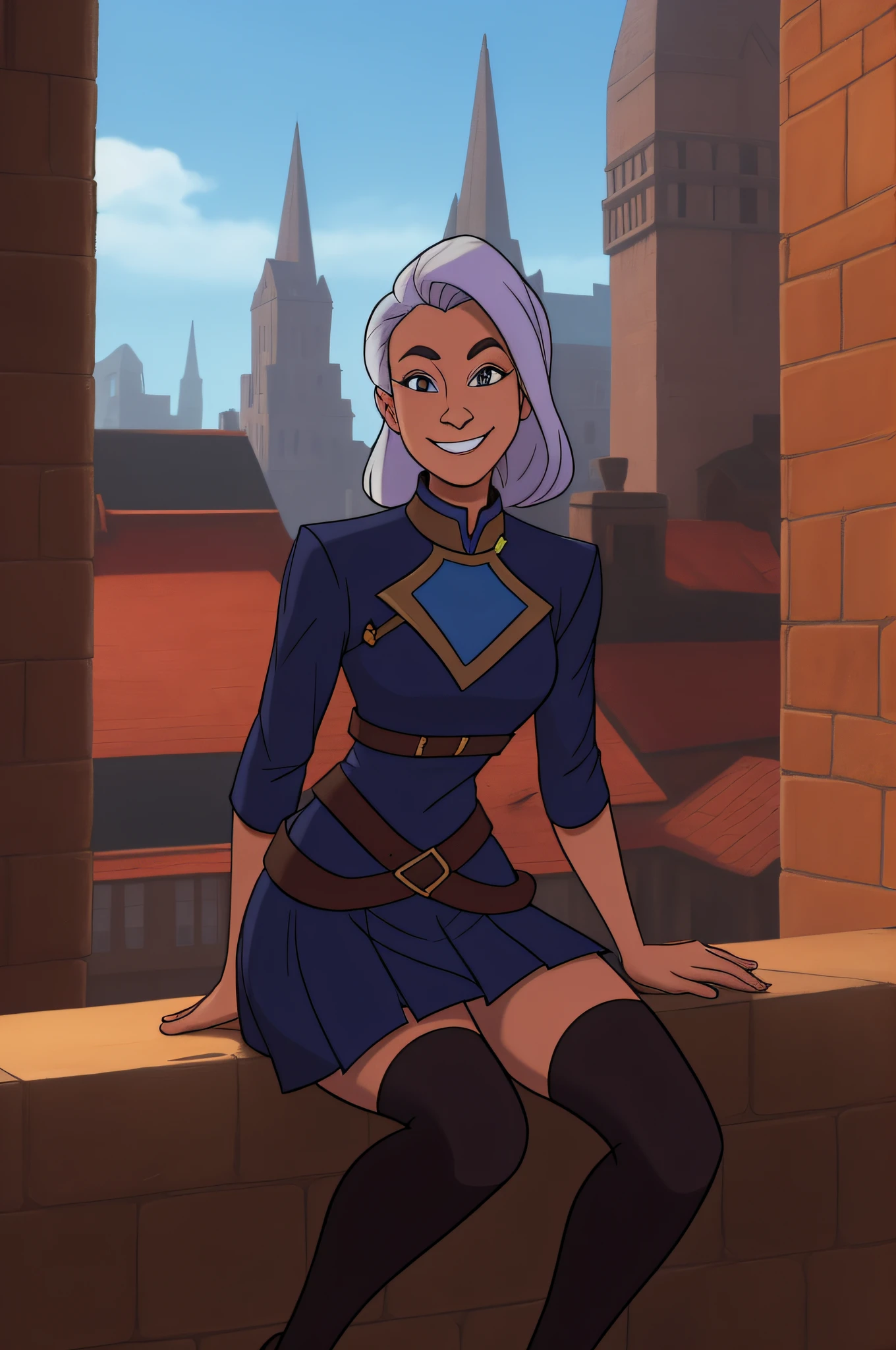 A stunningly beautiful smiling mage wearing a mini-skirted mage uniform sitting on top of a building