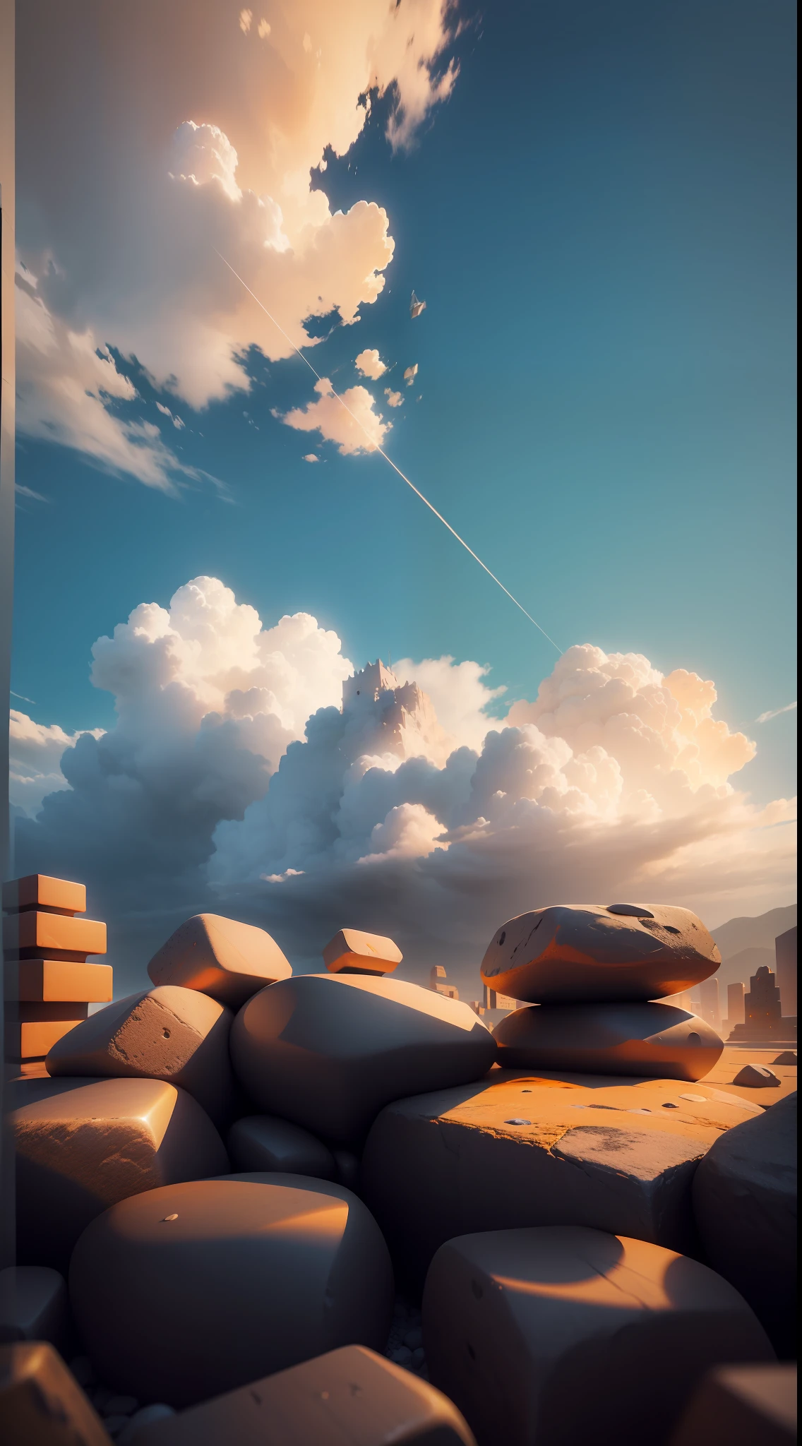 An orange cloud hovering gracefully over several square stone blocks. The theme should be relaxed and bright. The view should be from a low perspective. The stones should be colored in green and black gradient. 4K rendering