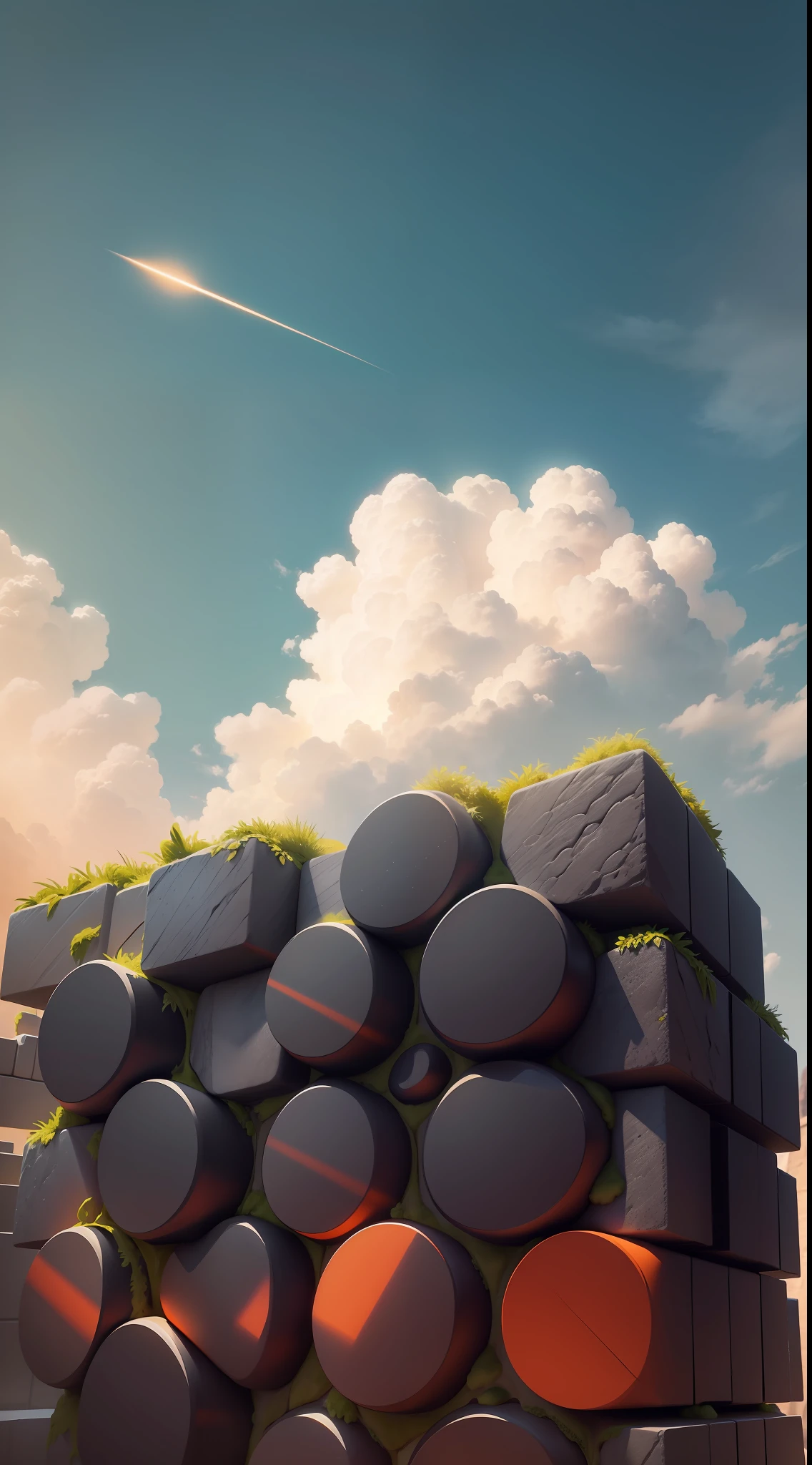 An orange cloud hovering gracefully over several square stone blocks. The theme should be relaxed and bright. The view should be from a low perspective. The stones should be colored in green and black gradient. 4K rendering