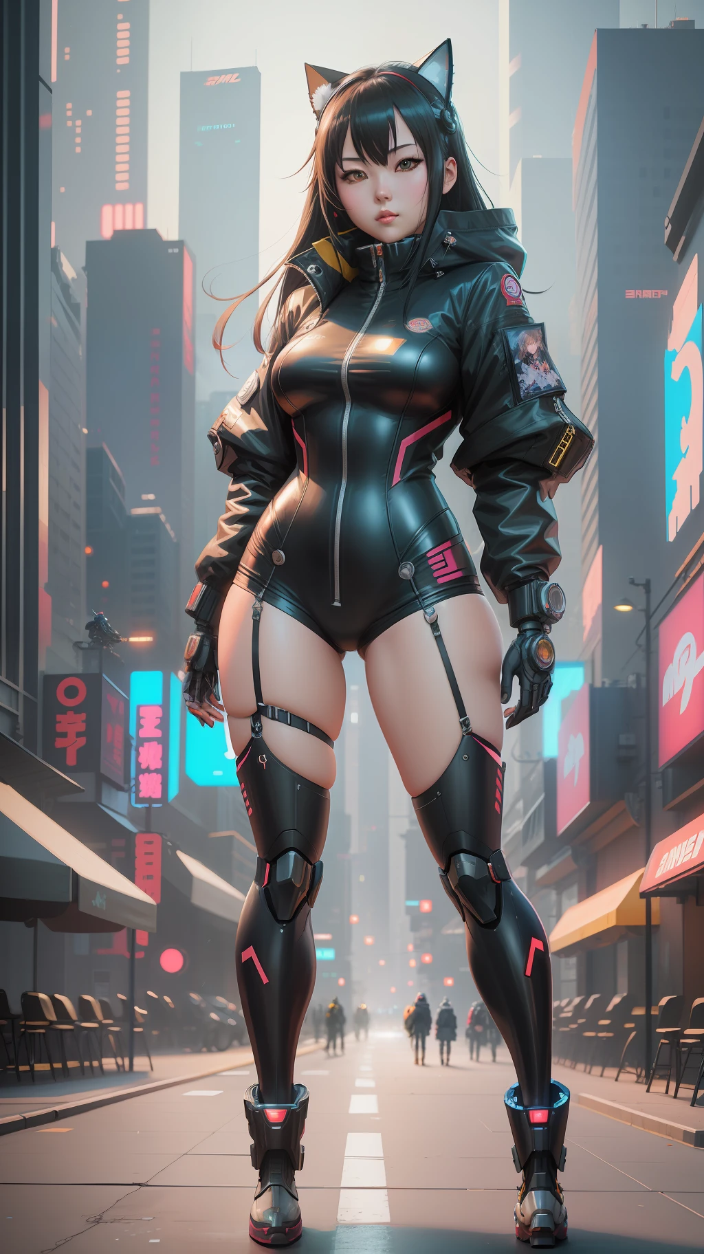anime girl in catsuit and jacket standing next to giant robot, artwork in the style of guweiz, cyberpunk anime girl mech, trending on cgstation, guweiz, by Russell Dongjun Lu, digital cyberpunk anime art, ross tran 8 k, guweiz on artstation pixiv, girl in mecha cyber armor