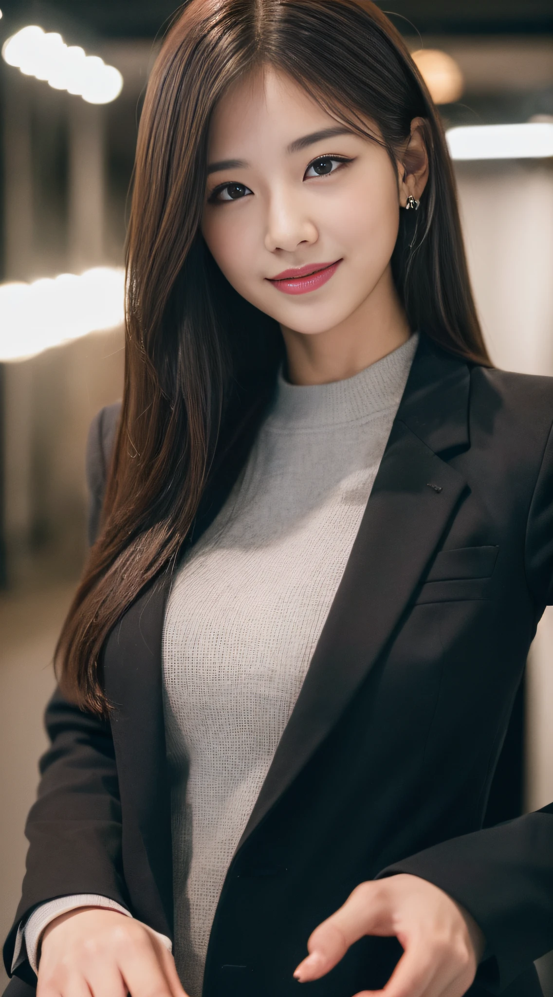 (((top quality, 8k, masterpiece))), crisp focus, (beautiful woman with perfect figure), (hairstyle: up)), ((suit: black)), night road: 1.2, Highly detailed face and skin texture, detailed eyes, double eyelids, (smile), Japan person, upper body, cute