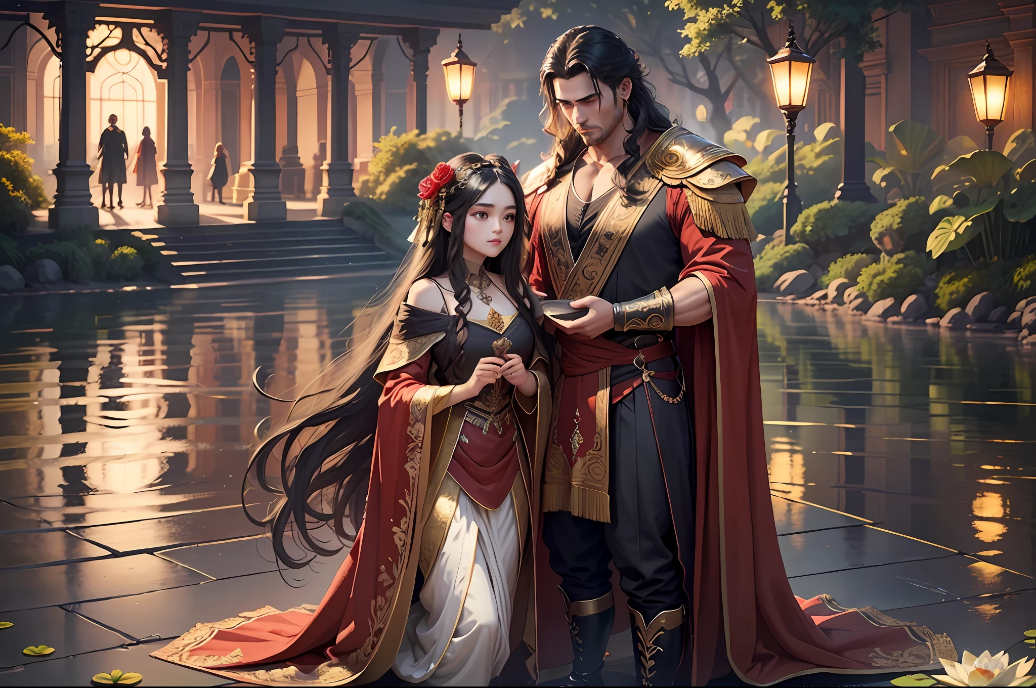 Masterpiece, Best Quality, (Absolutely True), (Absolutely True), (Extreme Reality), (Very Detailed CG Unity 8k Wallpaper), (Best Quality), (Best Illustration), (Best Shadows), Absurd, Realistic Lighting, (Abyss), Beautiful Detailed Glow, Peter Mohr Beighter's art, masterpiece, best quality, (very detailed CG unified 8k wallpaper), (best quality), (best illustration), (best shadow), super detailed, "They are an ancient couple, | The boy is tall, with broad shoulders and strong arms, a well-defined face, handsome, and deep and clear eyes. He wore a wide robe with exquisite embroidery on it, a pair of loose pants underneath, and a pair of leather boots under his feet, and the whole person looked calm and restrained. | The girl has a graceful figure, smart and beautiful, and her big eyes and long black hair make her look extremely charming. She wore a bright red robe with exquisite embroidery and gold thread, the hem of the dress fluttered in the wind, and a pair of red embroidered shoes at the corner of the skirt made her look beautiful and cute. They came to a lotus pond, and the lotus flowers glowed faintly golden in the moonlight, which was very beautiful. "Digital Art, trending artstation, 4K, high detail, cinematic lighting, intricate, high detail, sharp-focused, dramatic, realistic