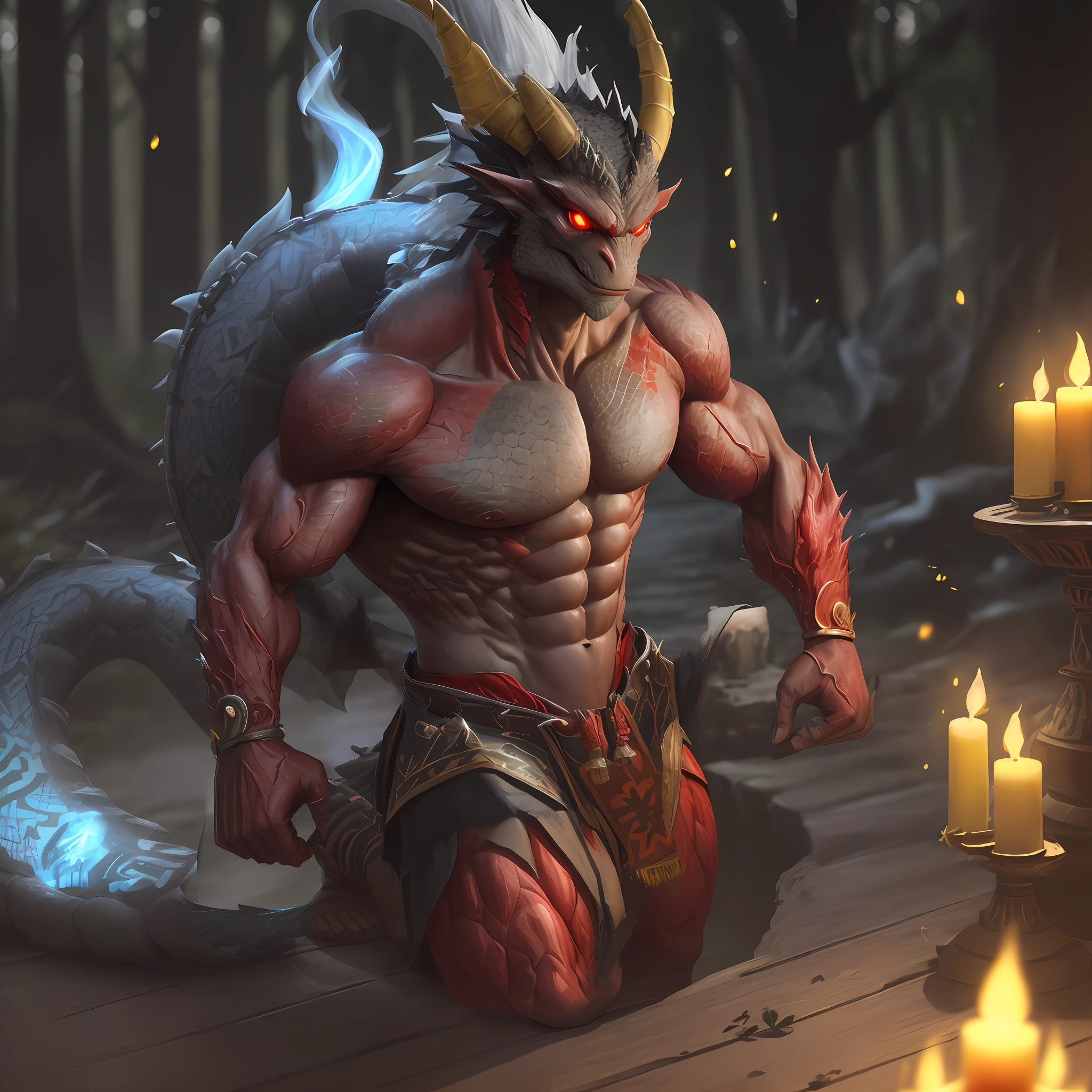Dragon body, muscular, dragon head, red eyes