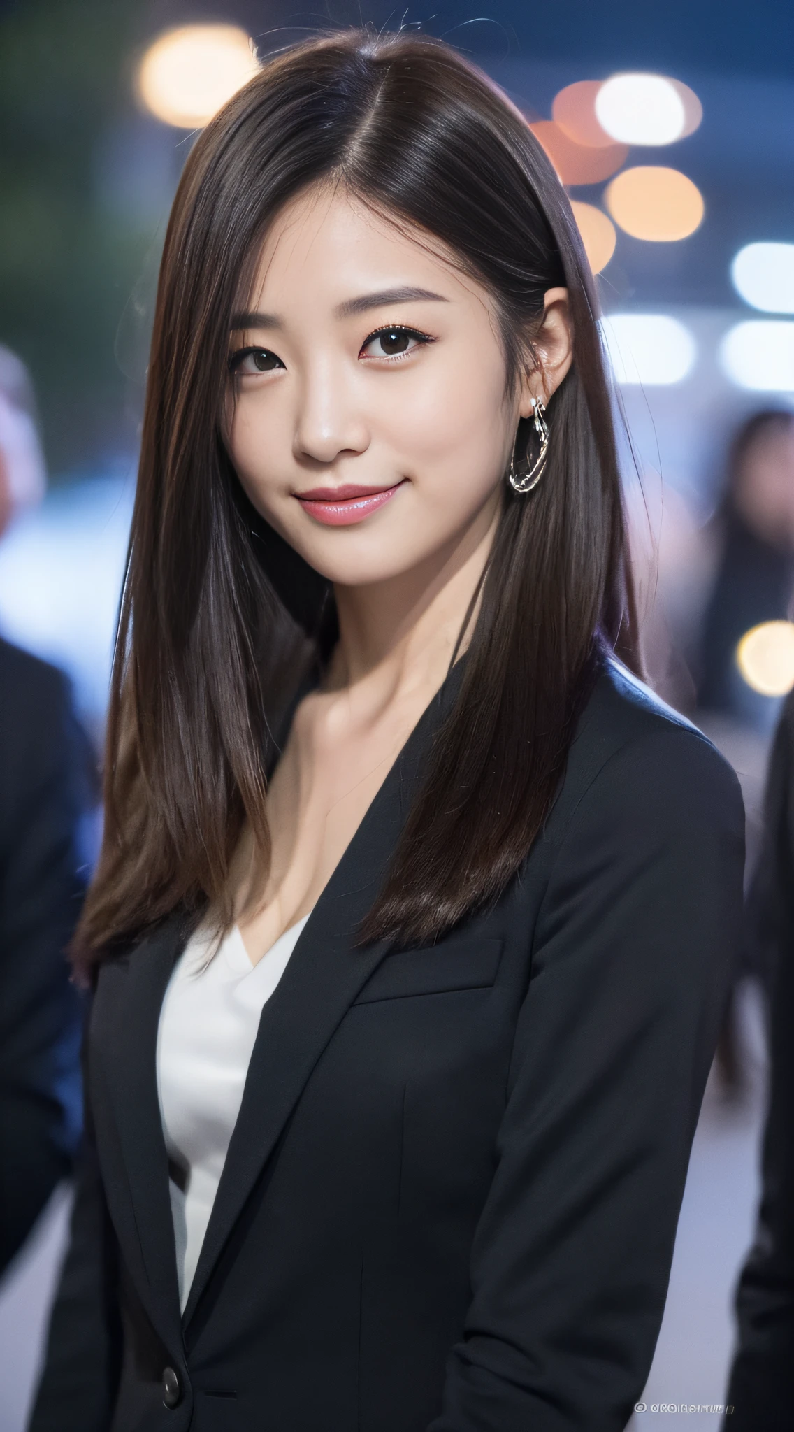 (((top quality, 8k, masterpiece))), crisp focus, (beautiful woman with perfect figure), (hairstyle: up)), ((suit: black)), night road: 1.2, highly detailed face and skin texture, detailed eyes, double eyelids, (smile), Japan person, upper body