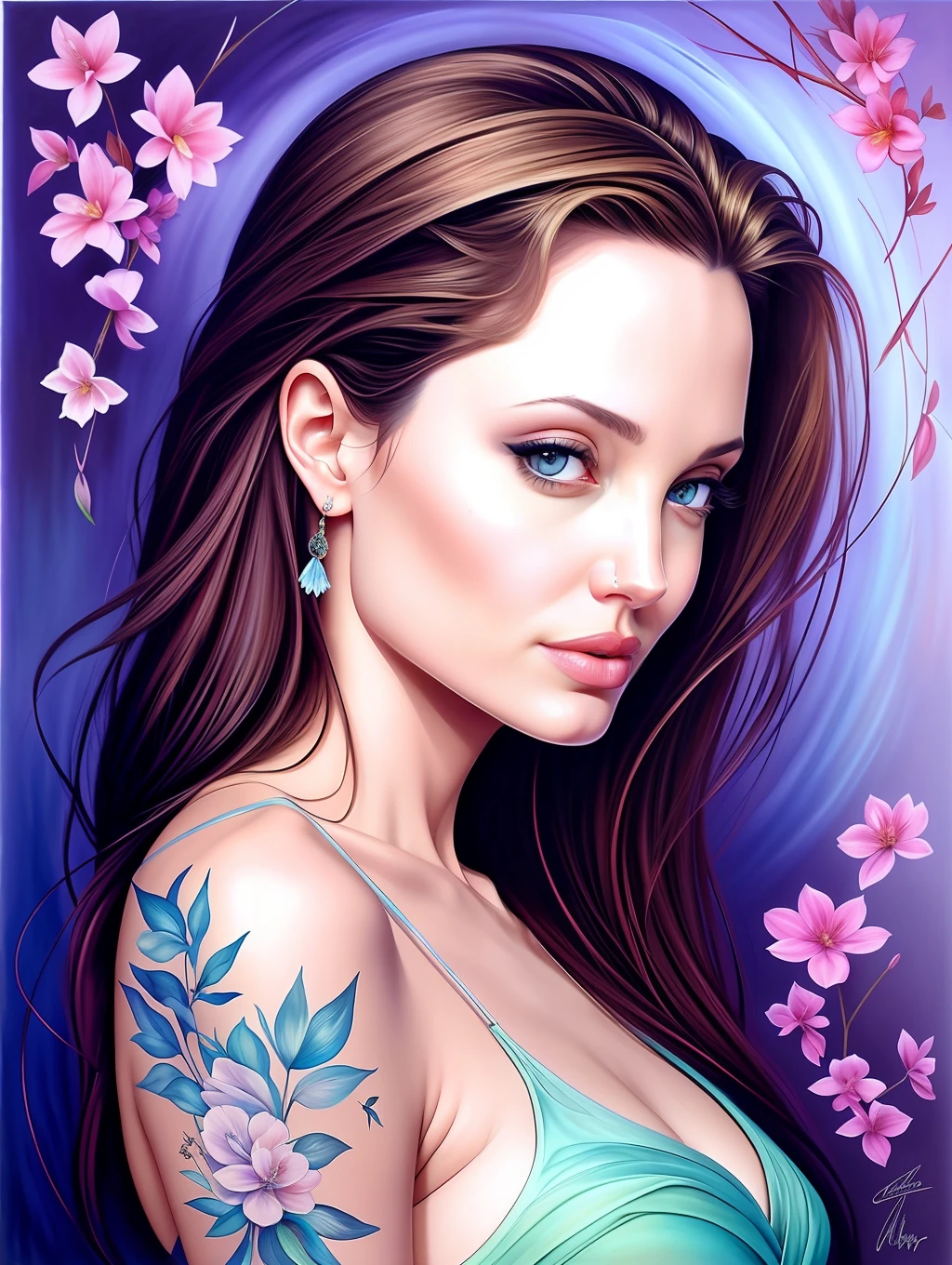 A gelina Jolie in A botanical masterpiece in the style of Marco Mazzoni, detailed, hyper-realistic, front view, elemets of symbolism and surrealism, a painting by mse a attractive seductive Angelina Jolie by agnes cecile, luminous design, pastel colours, ink drips, spring lights, intricate design, looking to the viewer intertwined, beautiful attractive seductive Angelina Jolie, flowers, pastel, looking to the viewer, front view
