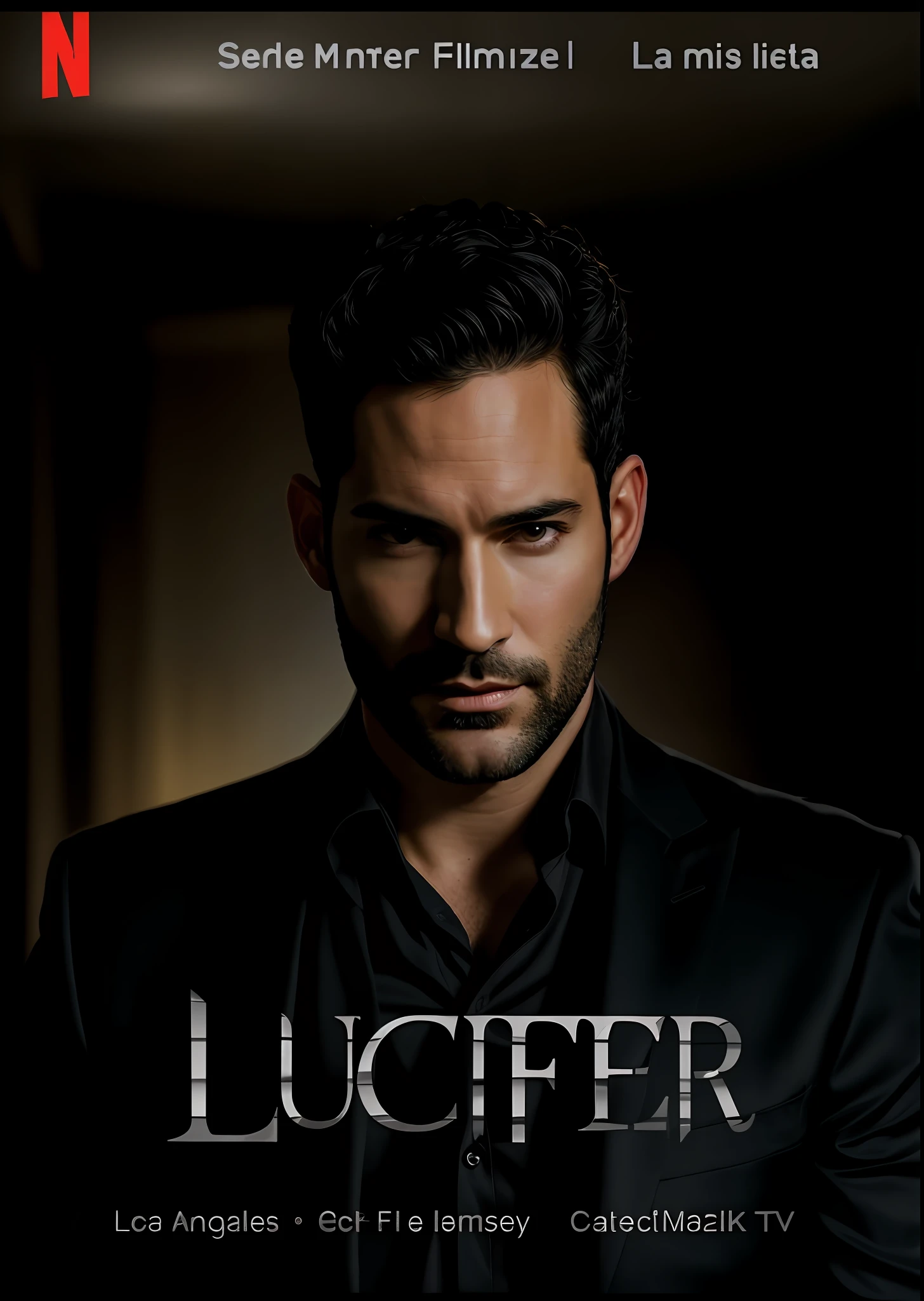 create Ceo Man wearing black suit), Tom Ellis from the Lucifer series, Netflix Lucifer style, strong and muscular, with square jaw and marked and defined (Moreno with model face), wearing dark beard, dark short hair, man similar to actor Tom ellis, dark black image background (high quality and realistic image), cinematic style, ((Best quality,  8k, Masterpiece).
