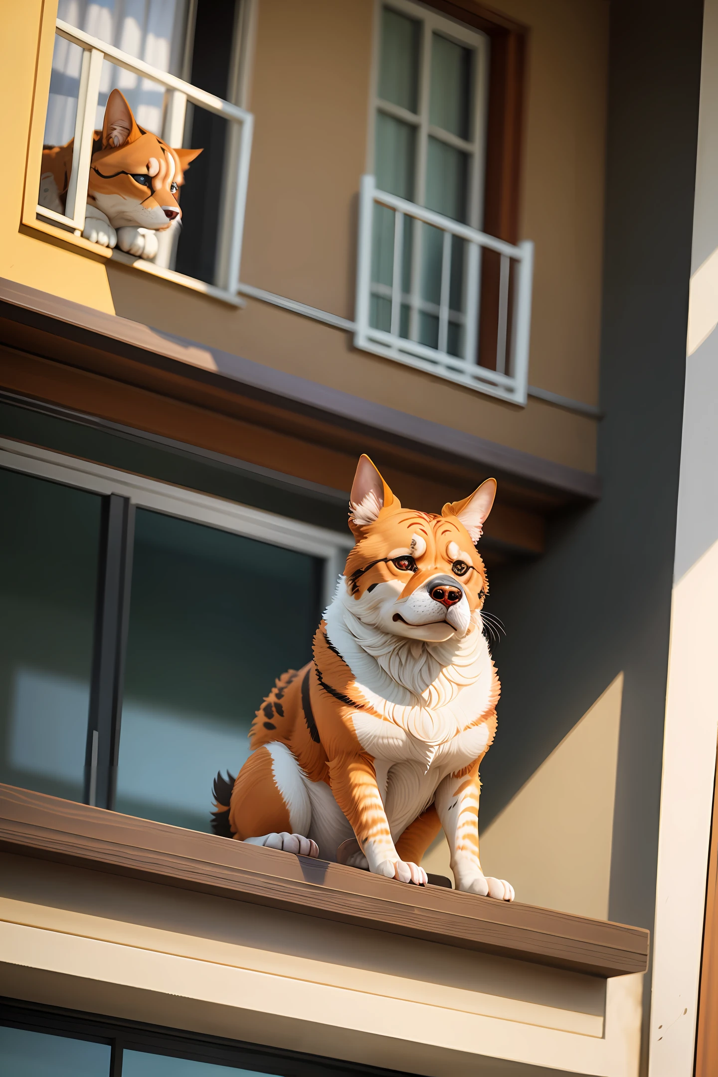 a realistic odie hybrid sitting on a balcony