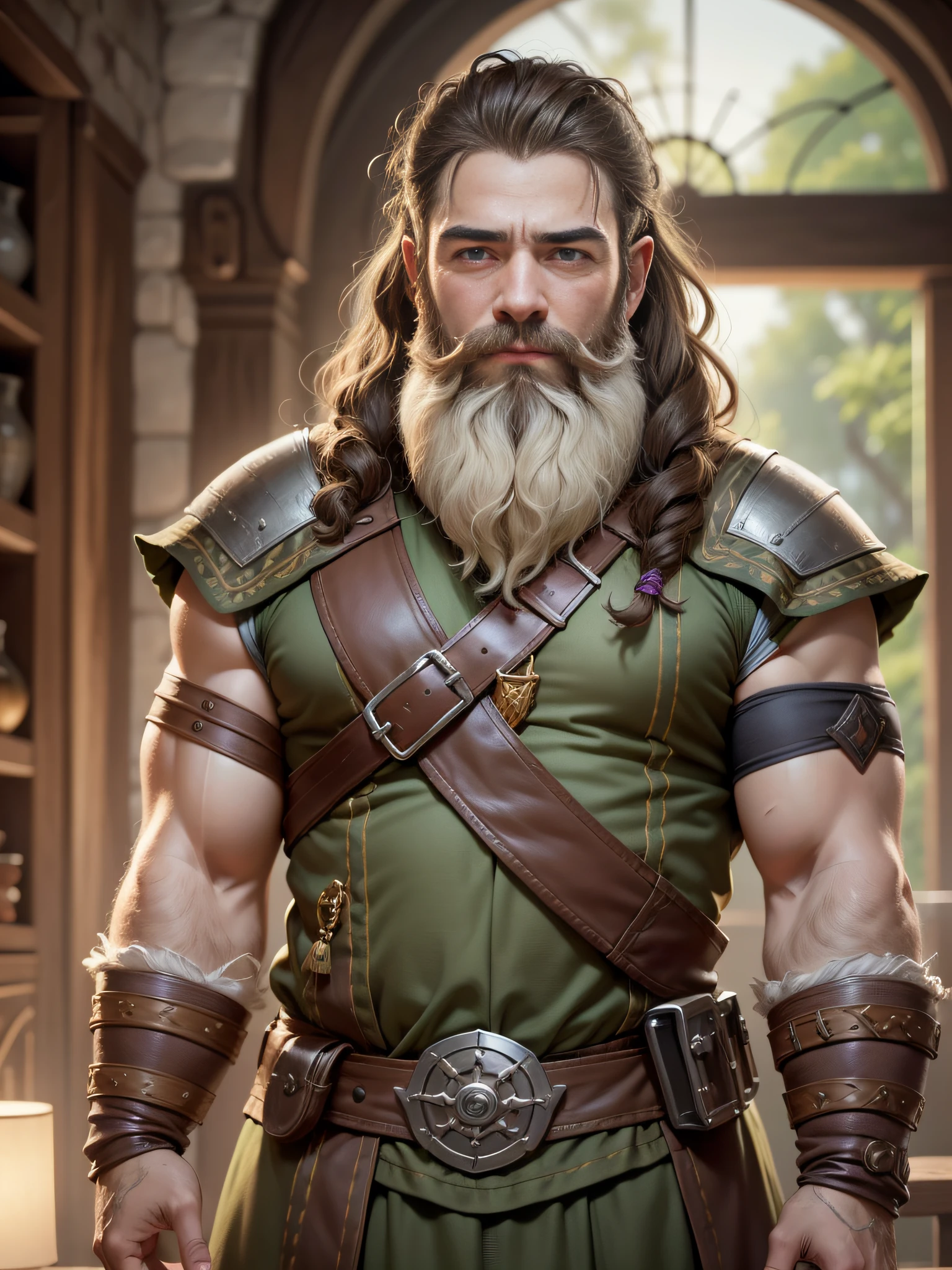 Orin Race: Dwarf Class: Bard Age: 120 Appearance: Orin is the youngest of the dwarven brothers, with a shy and reserved appearance. Her light brown hair falls into loose, voluminous curls, adding a touch of joviality to her image. His green eyes sparkle with cunning and curiosity, revealing his peculiar wit. His fair skin has a healthy glow and his beard, although growing, is still light and smooth., high detail, Conceptual art, high detail, cinematic lighting, reflection light, Ultra-Wide Angle, Hasselblad, UHD, masterpiece, anatomically correct, high quality, best quality, 1080P, 4K