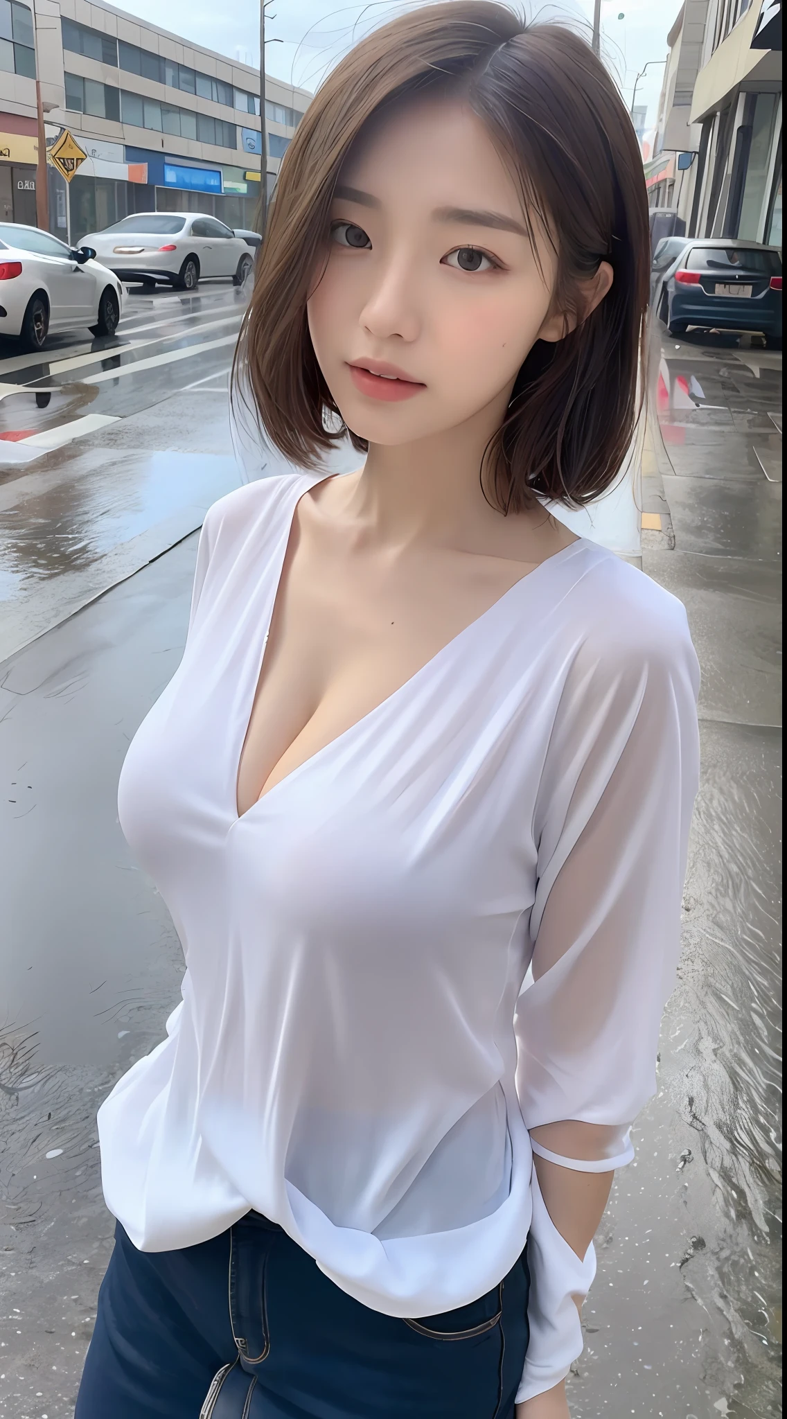 ((Best Quality, 8K, Masterpiece:1.3)), Focus: 1.2, Perfect Body Beauty: 1.4, Buttocks: 1.2, ((Layered Haircut, Large Breasts: 1.2)), Cleavage, (Wet Clothes: 1.1) , (Rain, Street:1.3), Thin Dress: 1.1, Highly Detailed Face and Skin Texture, Delicate Eyes, Double Eyelids, Whitened Skin, Long Hair