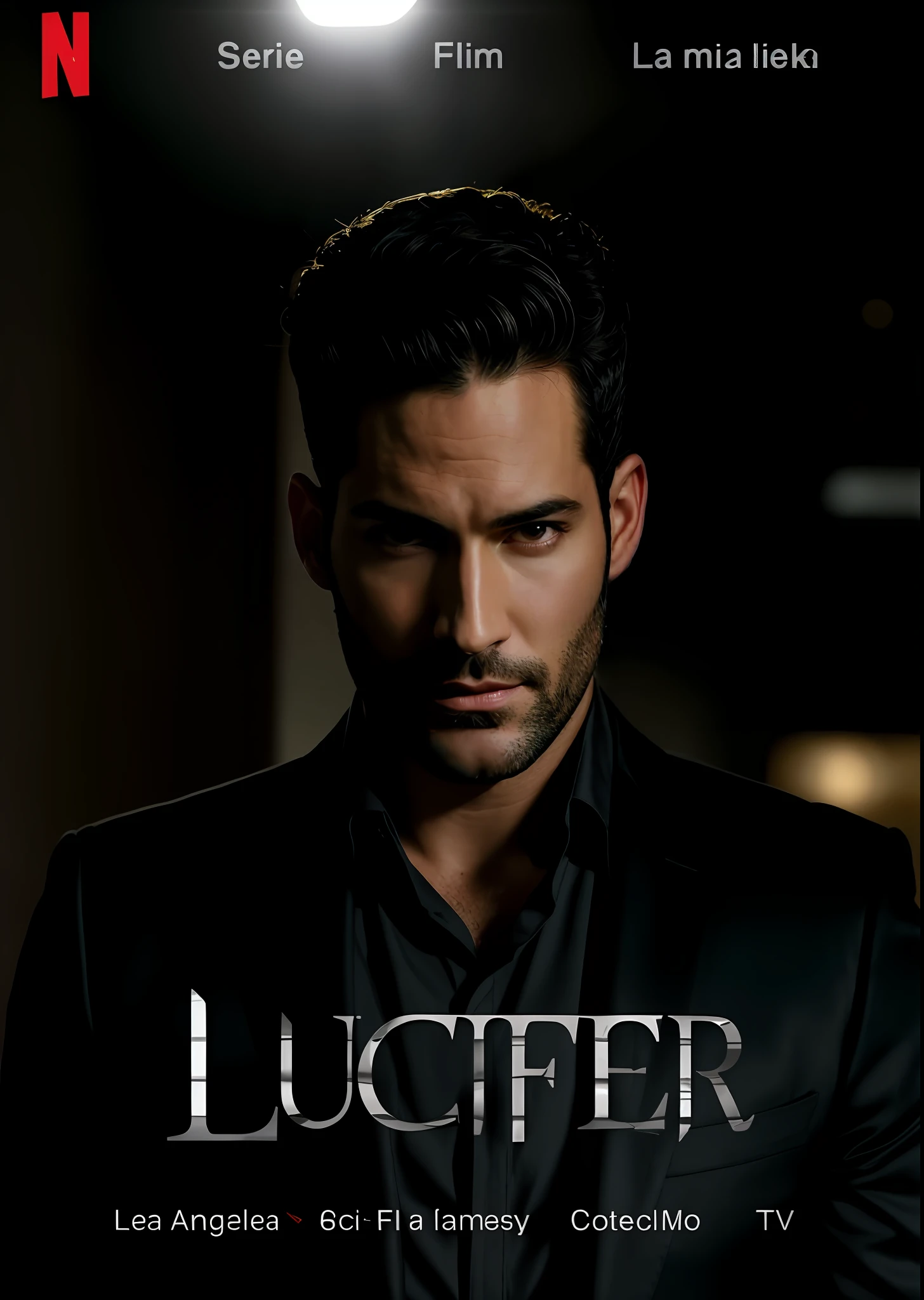 create Ceo Man wearing black suit), Tom Ellis from the Lucifer series, Netflix Lucifer style, strong and muscular, (Moreno with model face), wearing dark beard, dark short hair, man similar to actor Tom ellis, (high quality and realistic image), cinematic style, ((Best quality, 8k, Masterpiece).