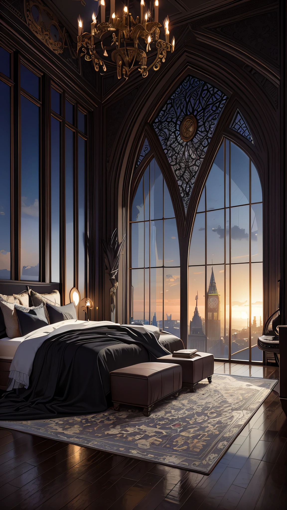 arafed bedroom with a large window overlooking a city, inside an epic gothic castle, gotham setting, elaborate matte painting, neo-gothic concept, unreal engine ; romantic theme, gothic mansion room, stunning matte painting, beautiful and aesthetic, inspiring gothic architecture, dreamy matte painting, epic and cinematic view, photorealistic dark concept art, exquisite matte painting