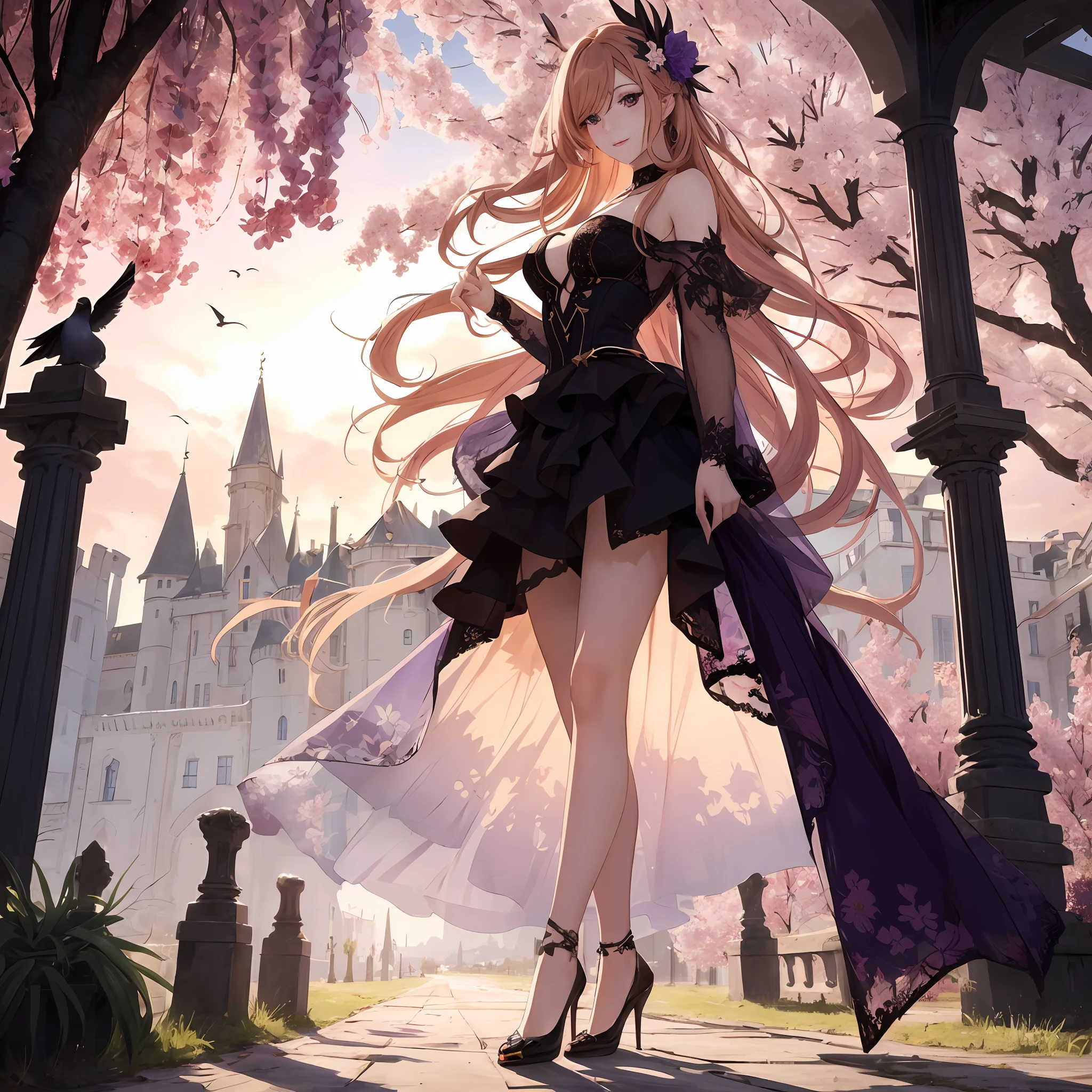 Fallen Rosemery de honkai impact 3,beautiful woman with long blonde hair slightly reddish and black dress with long purple layered,nice,extremely detailed with many elegant details, posing in front of a castle in the middle of a nice flat, beautiful day, flying birds,fine details. cushart krenz key art,shadowverse style,cg,sexy,extremely detailed,hair ornament,adult,30 years,yummy,masterpiece.best quality,high heels,lilac eyes,extremely defined body,thin waist, dynamic lights and shadows.cherry trees,antagonist,alone in image,many intricate details,late afternoon,flowers flying across landscape,sunset,imposing body