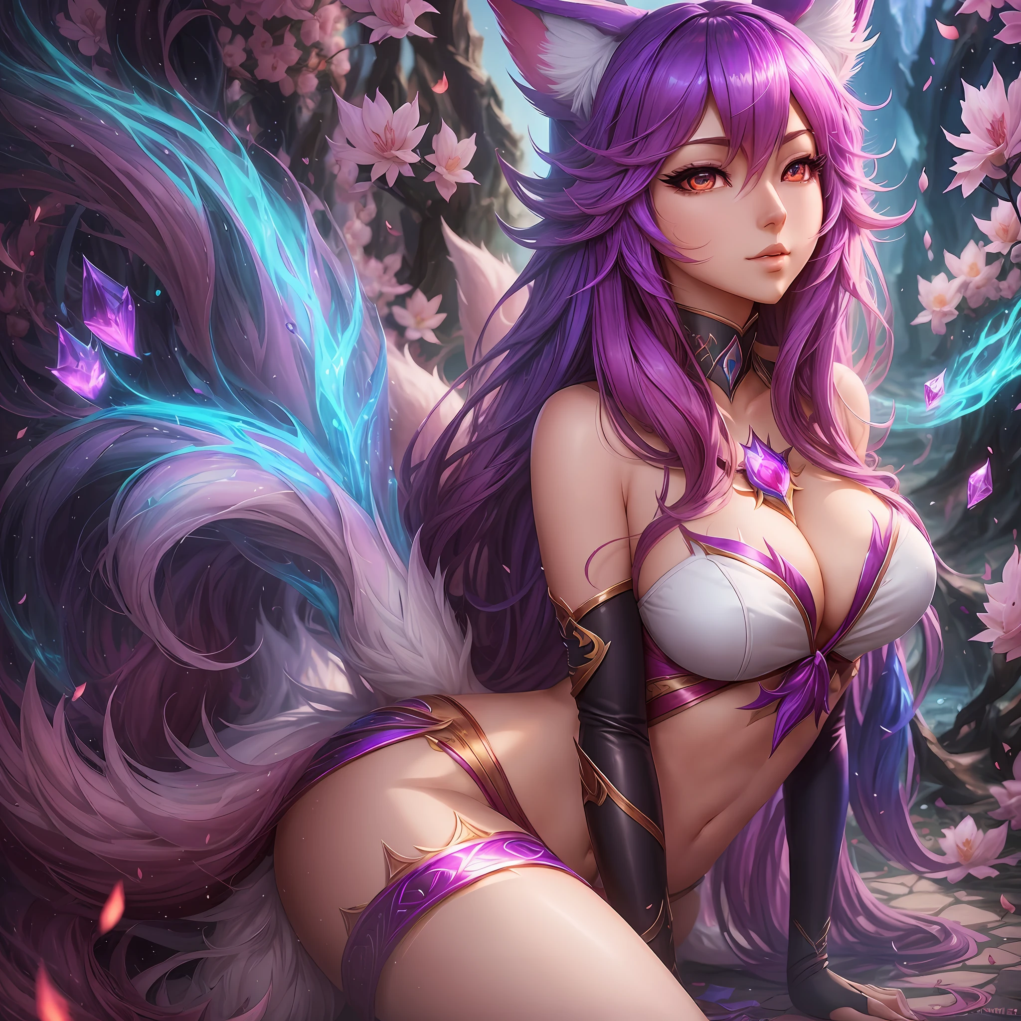 Use the character Ahri from League of Legends as a base and develop a realistic image in 8k, be creative, apply sensuality, perfection in details, dynamism in colors, extravagance, eroticism, use lush landscapes in the background, soft lines --auto --s2