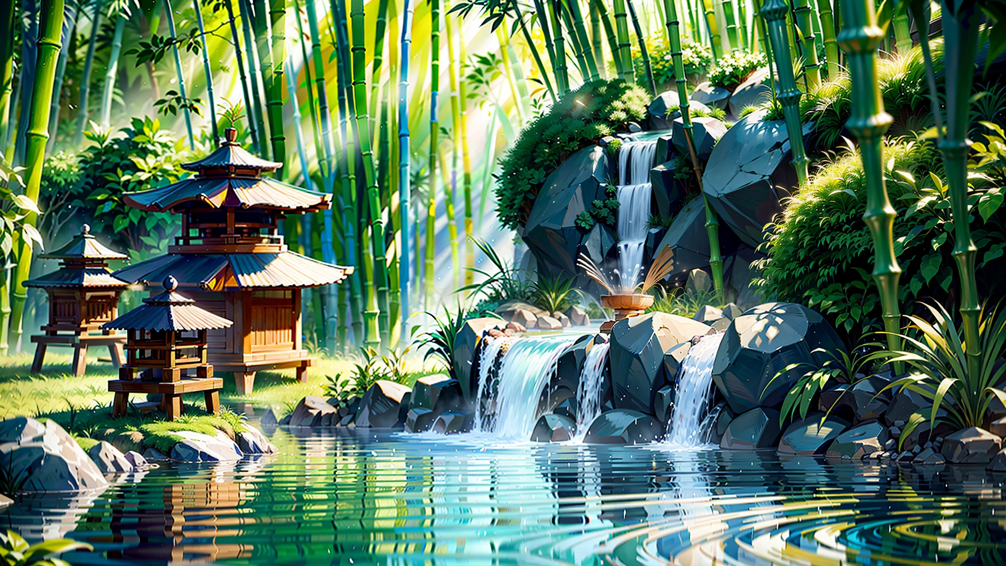 "(Bamboo water fountain in oriental landscape:1.3, cinematic composition, beautiful lighting, hyper-detailed, ultra-realistic, 8K HDR wallpaper)"
