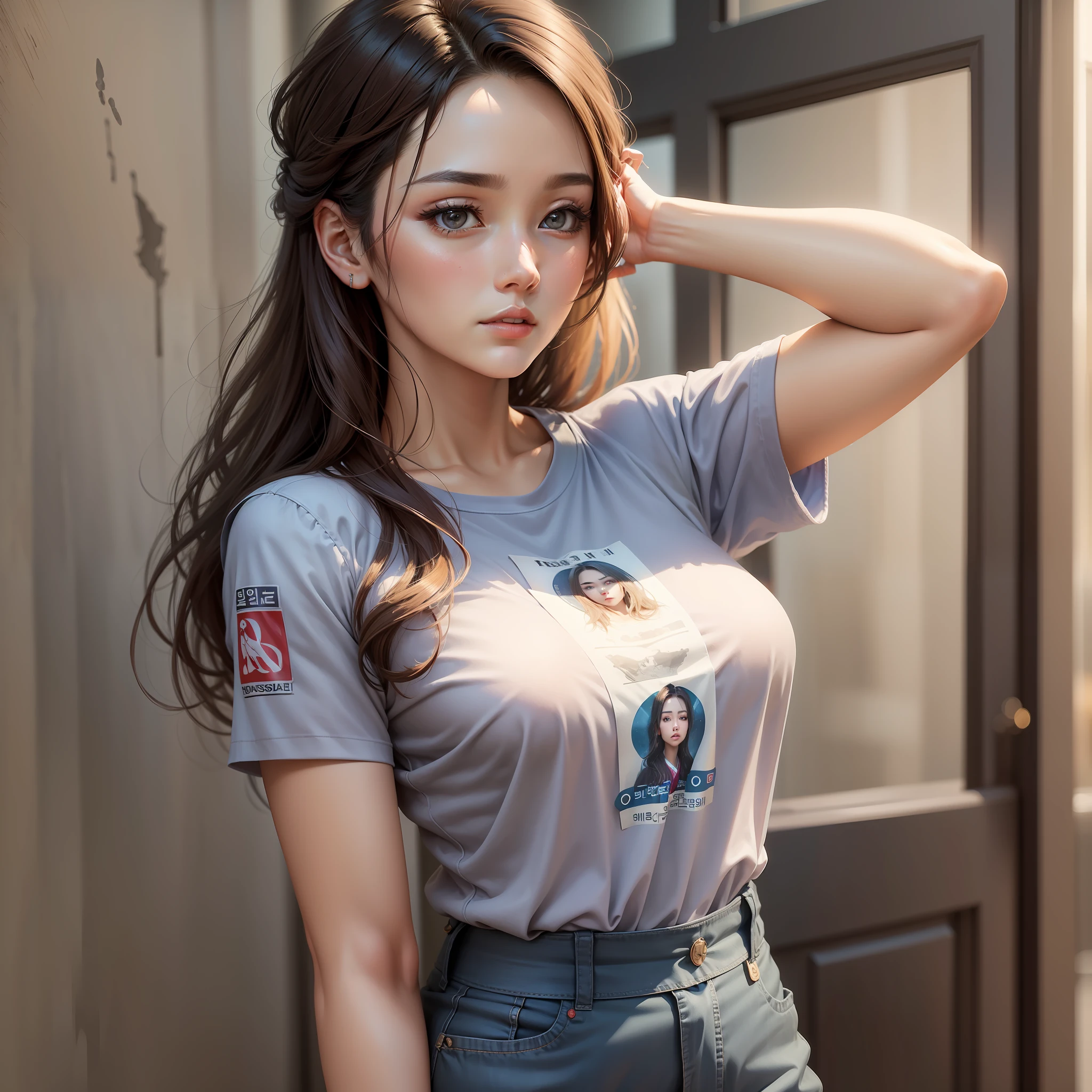 ((Best Quality)), ((Masterpiece)), (Details:1.4), Realistic Woman, Picture-Like Woman, Korean Woman, Perfect Proportions, T-Shirt