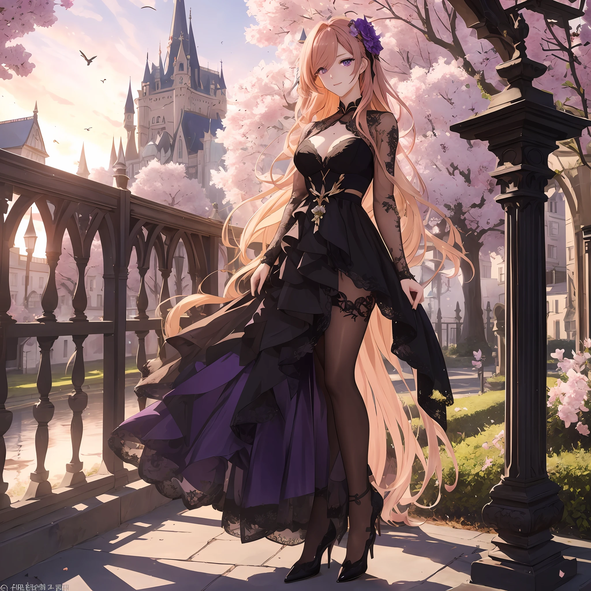 Fallen Rosemery de honkai impact 3,beautiful woman with long blonde hair slightly reddish and black dress with long purple layered,nice,extremely detailed with many elegant details, posing in front of a castle in the middle of a nice flat, beautiful day, flying birds,fine details. cushart krenz key art,shadowverse style,cg,sexy,extremely detailed,hair ornament,adult,30 years,yummy,masterpiece.best quality,high heels,lilac eyes,extremely defined body,thin waist, dynamic lights and shadows.cherry trees,antagonist,alone in image,many intricate details,late afternoon,flowers flying across landscape,sunset,imposing body