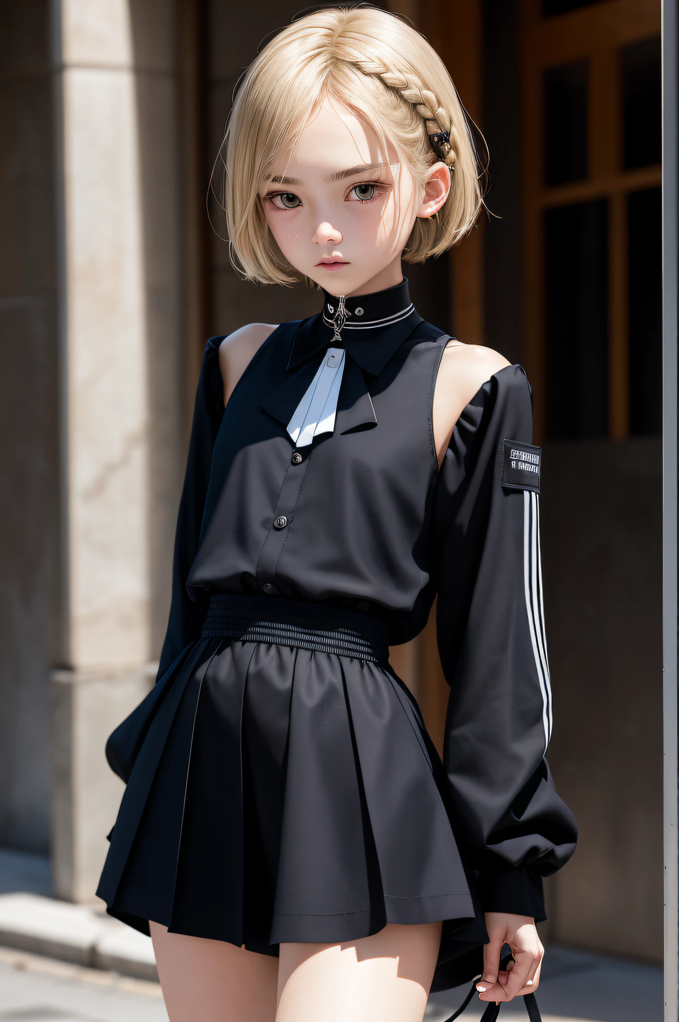 (8K, RAW, Professional, Best Quality, Masterpiece: 1.2), (Realistic, Photorealistic: 1.37), Ultra Detail, (Portrait), (Best Detail Skin: 1.2), (Best Detail Face: 1.2), Cinematic Lighting, 1 Girl, (Masterpiece), (Best Quality: 1.0), (Ultra High Definition: 1.0), Detailed Illustration, portrait, detail, girl, single, 16 years old, detailed beautiful skin, slender, face focus, dim light, harsh theme, constriction, complete anatomy, lower body is thin, random hairstyle short hair, ultra high definition face, detailed eyes, mine system, goth loli, white thin soft clothes, choker, braided short boots, with bulge visible from taut pointed clothes, Hair ornaments, idol group uniforms