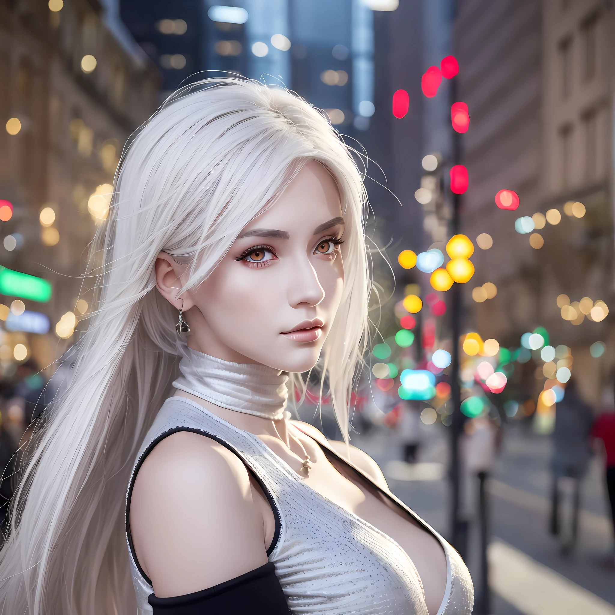 Tall beautiful woman with white hair and red eyes super realistic well detailed in the city
