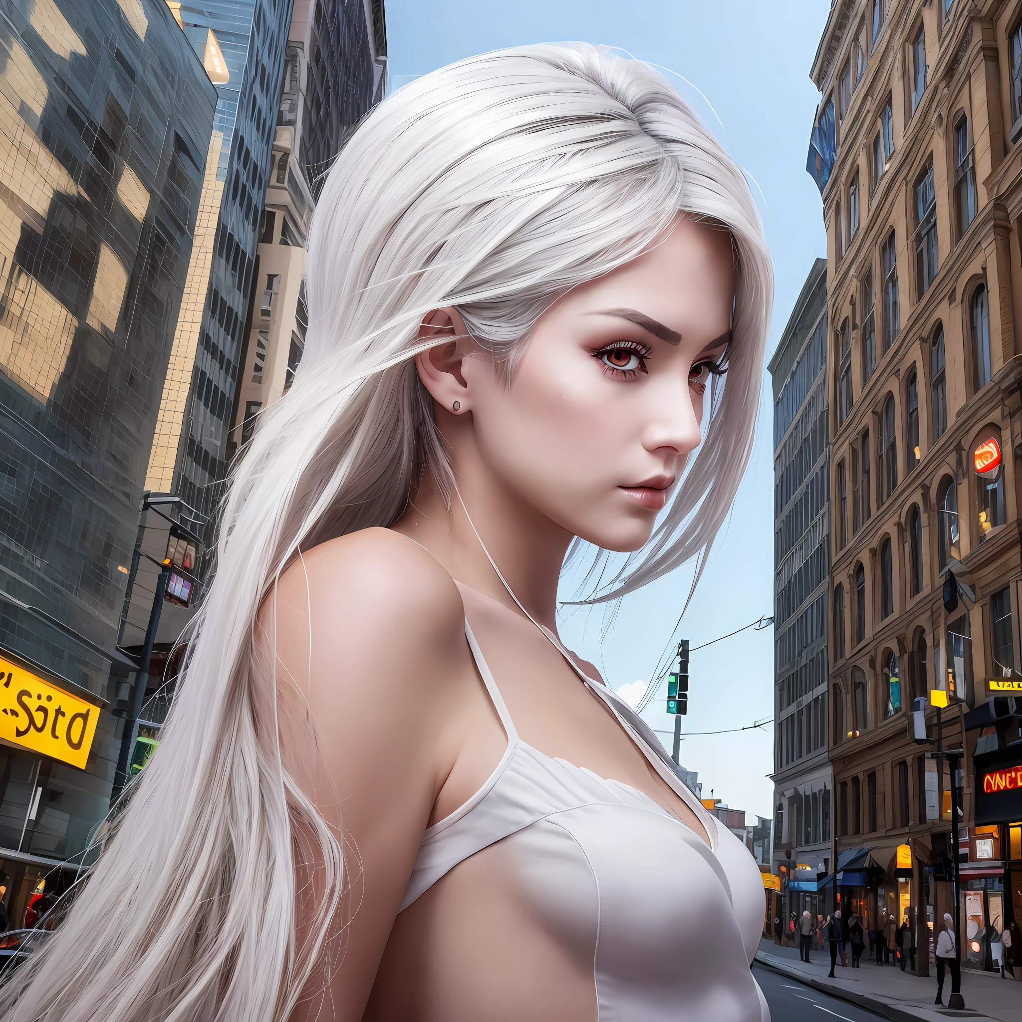 Tall beautiful woman with white hair and red eyes super realistic well detailed in the city
