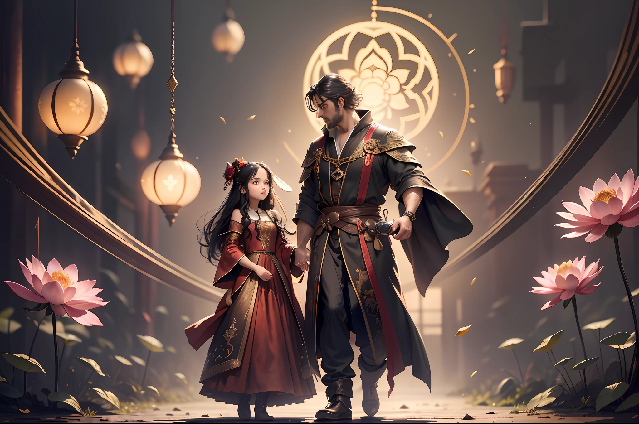 Masterpiece, Best Quality, (Absolutely True), (Absolutely True), (Extreme Reality), (Very Detailed CG Unity 8k Wallpaper), (Best Quality), (Best Illustration), (Best Shadows), Absurd, Realistic Lighting, (Abyss), Beautiful Detailed Glow, Peter Mohr Beighter's art, masterpiece, best quality, (very detailed CG unified 8k wallpaper), (best quality), (best illustration), (best shadow), super detailed, "They are an ancient couple, | The boy is tall, with broad shoulders and strong arms, a well-defined face, handsome, and deep and clear eyes. He wore a wide robe with exquisite embroidery on it, a pair of loose pants underneath, and a pair of leather boots under his feet, and the whole person looked calm and restrained. | The girl has a graceful figure, smart and beautiful, and her big eyes and long black hair make her look extremely charming. She wore a bright red robe with exquisite embroidery and gold thread, the hem of the dress fluttered in the wind, and a pair of red embroidered shoes at the corner of the skirt made her look beautiful and cute. They came to a lotus pond, and the lotus flowers glowed faintly golden in the moonlight, which was very beautiful. "Digital Art, trending artstation, 4K, high detail, cinematic lighting, intricate, high detail, sharp-focused, dramatic, realistic