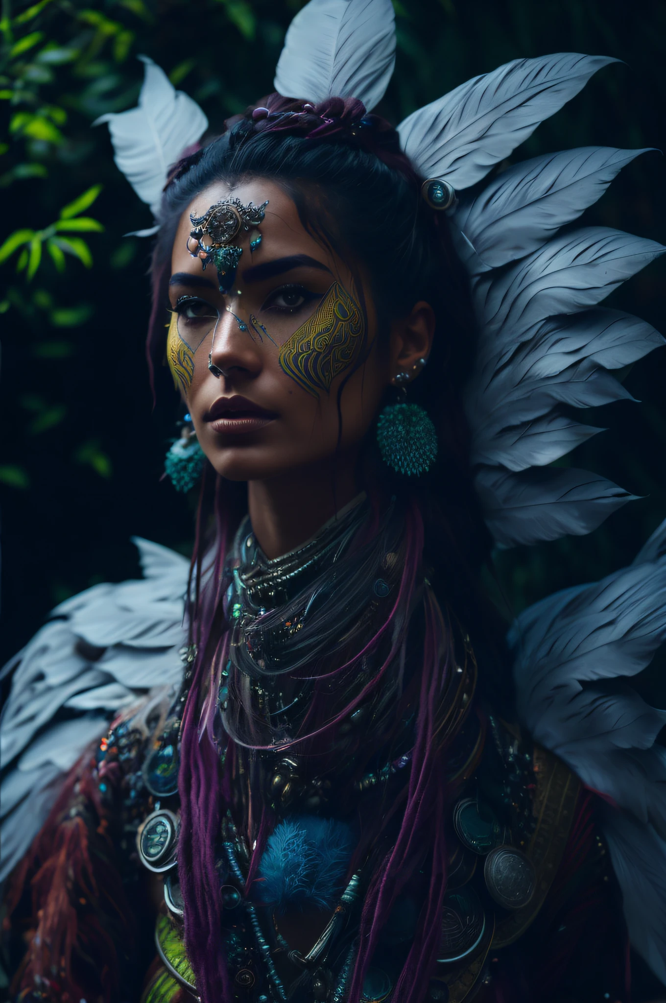 arafed woman with feathers and feathers on her head and face, avian warrior, inka harpy girl, she is dressed in shaman clothes, shanina shaik as medusa, a young female shaman, portrait of mermaid warrior, beautiful young female shaman, harpy woman, hyperdetailed fantasy character, cinematic goddess shot, wearing tribal armor, cyberpunk angry gorgeous druid