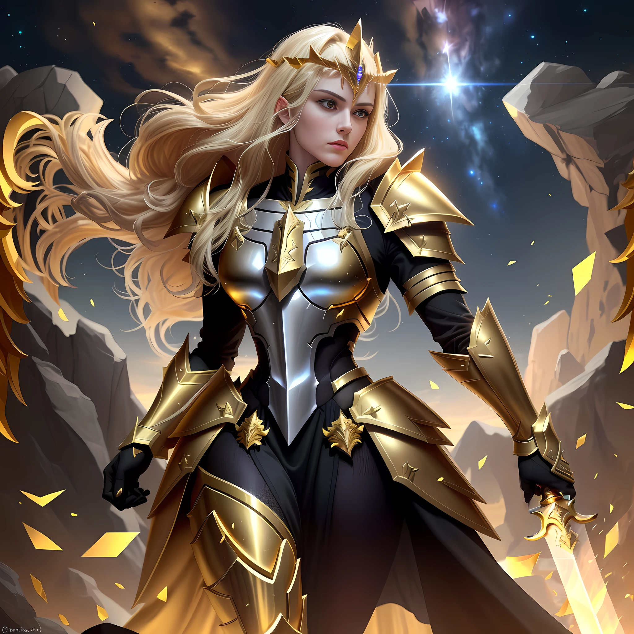 Increase the width of the golden sword and enhance the around the hand by holding the sword, to generate a high-quality image with precise detail and in an impressive realistic style. (en)
