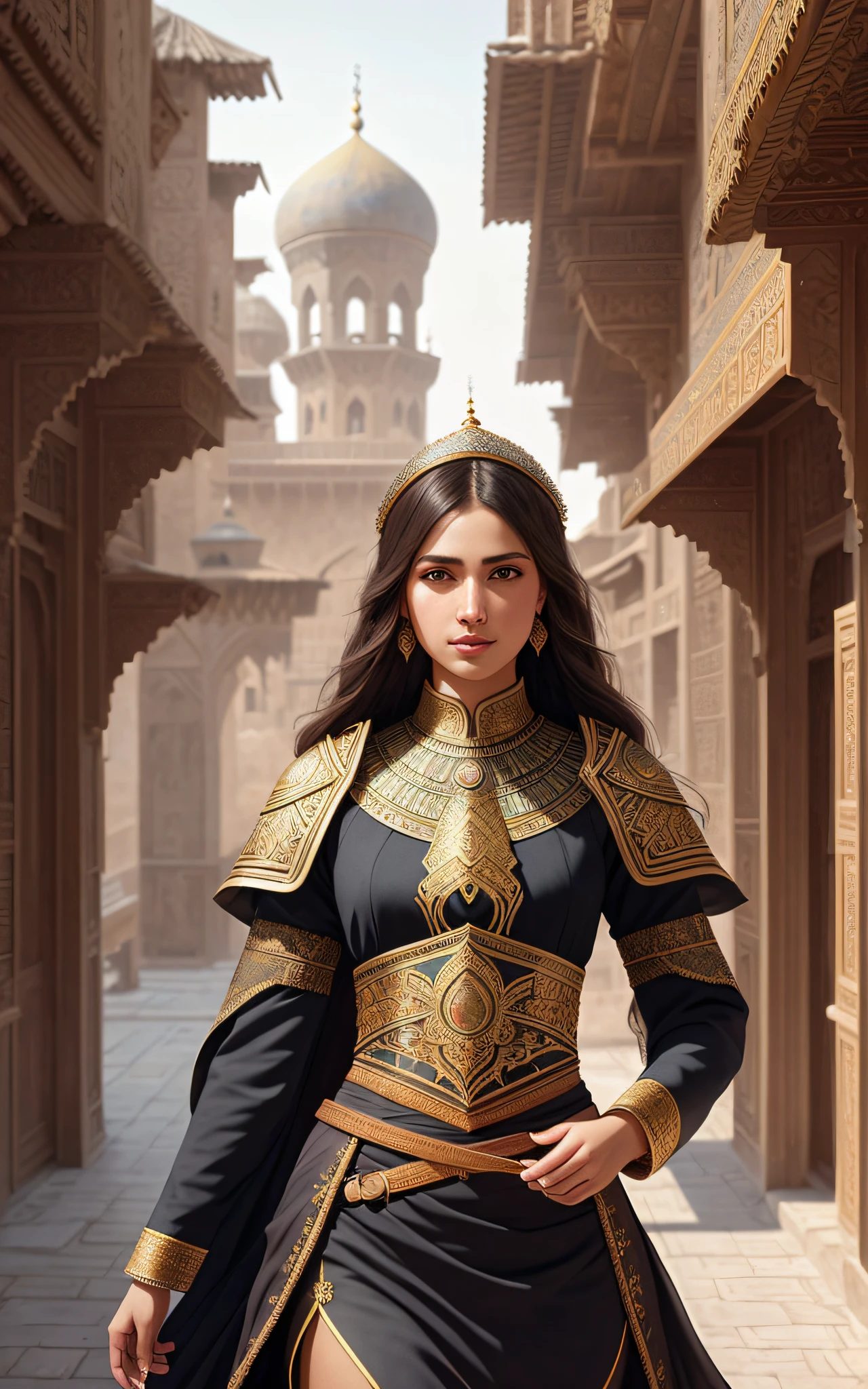 modelshoot style, (extremely detailed CG unity 8k wallpaper), full shot body photo of the most beautiful artwork in the world, (arabic princess) with armor, arabian clothes, arab cultur, magic, an arabic village with persian details in the background, hdr, photorealistic painting by Ed Blinkey, Atey Ghailan, Studio Ghibli, by Jeremy Mann, Greg Manchess, Antonio Moro, trending on ArtStation, trending on CGSociety, Intricate, High Detail, Sharp focus, dramatic, photorealistic painting art by midjourney and greg rutkowski