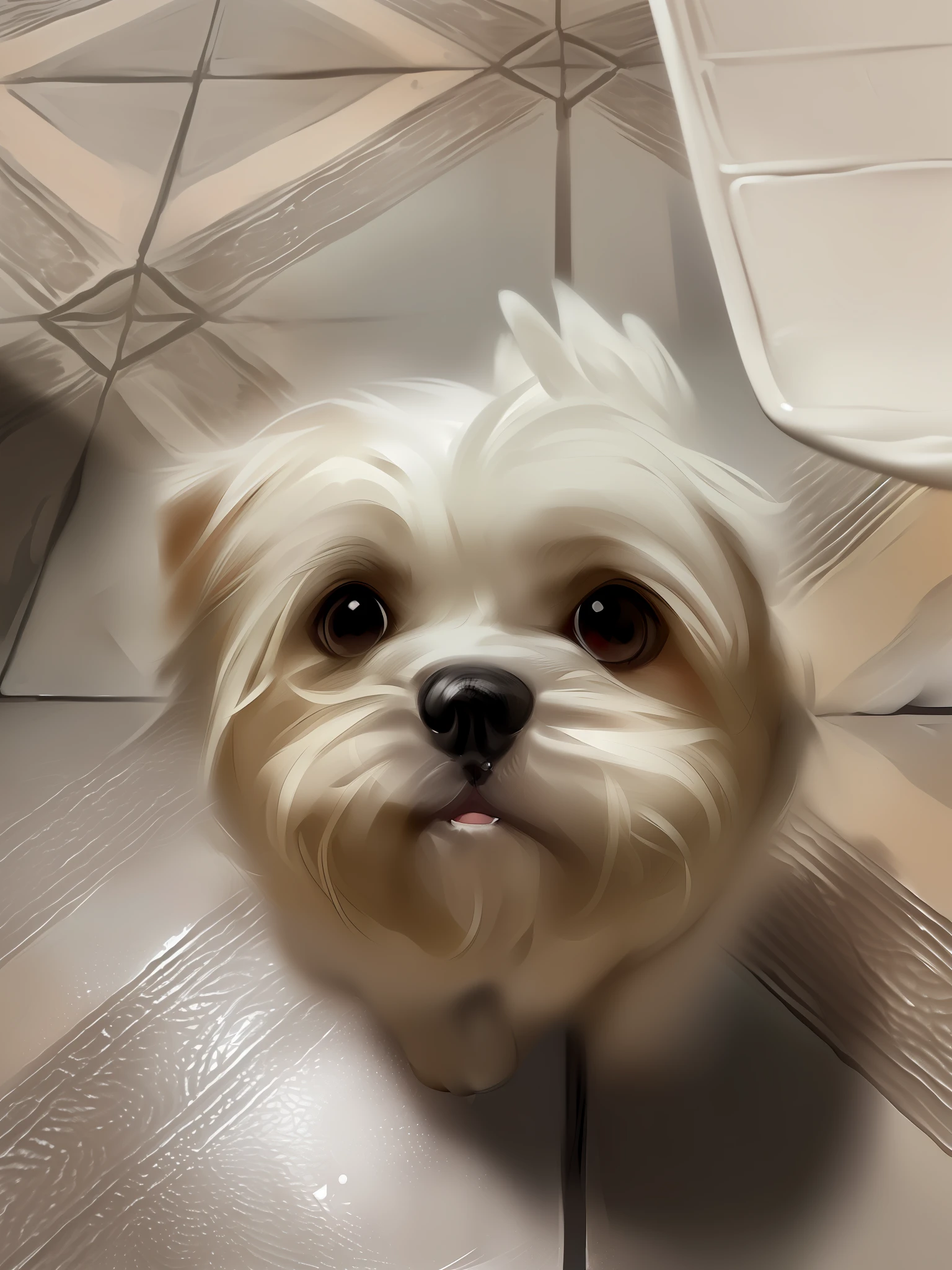 there is a small white dog sitting on a tiled floor, shih tzu, looking straight to the camera, looking straight to camera, front facing the camera, looking directly at the camera, stares at the camera, staring at the camera, looking to the camera, is looking at the camera, looking confused, lovingly looking at camera, looking straight into the camera
