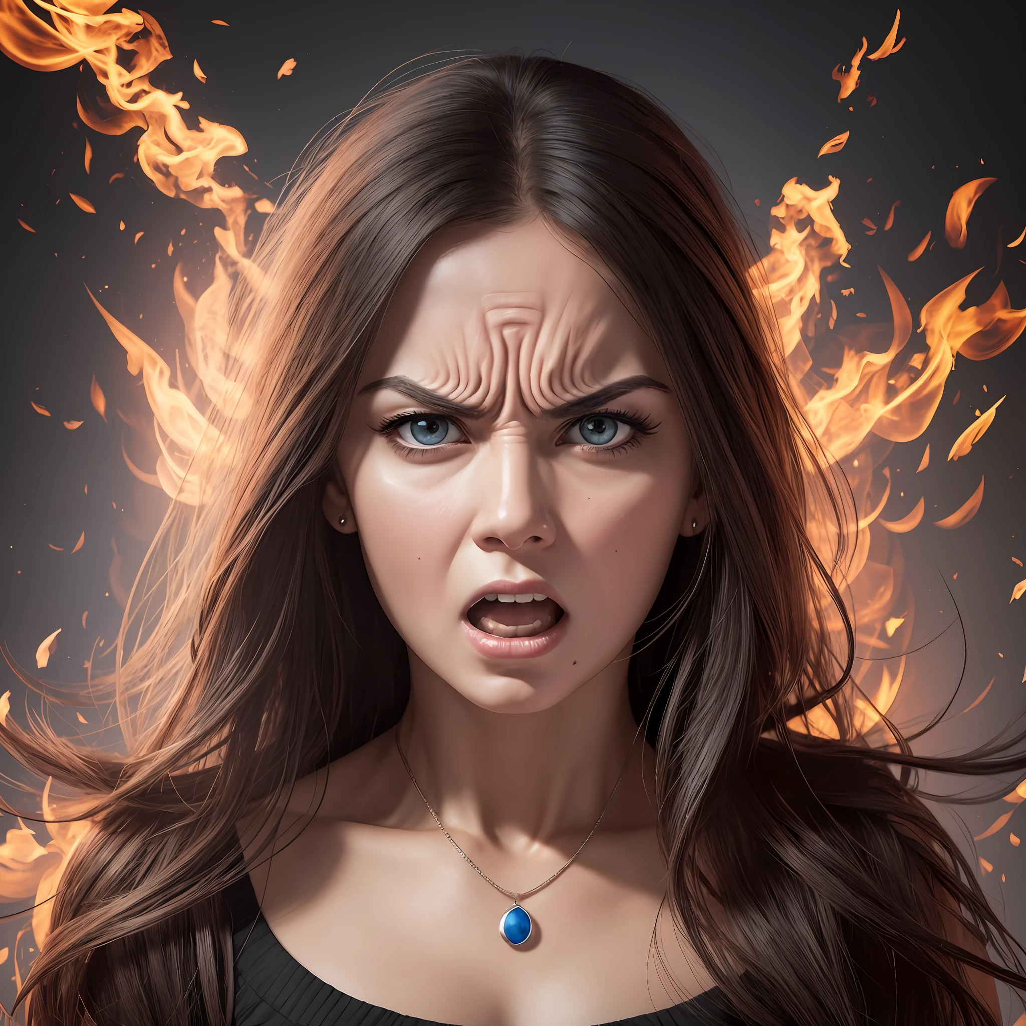 WOMAN with ANGER expression, striking image, eye-catching image, 8k UHD, 35 YEARS OLD, WELL ILLUMINATED FACE, CLEAN FACE --auto --s2