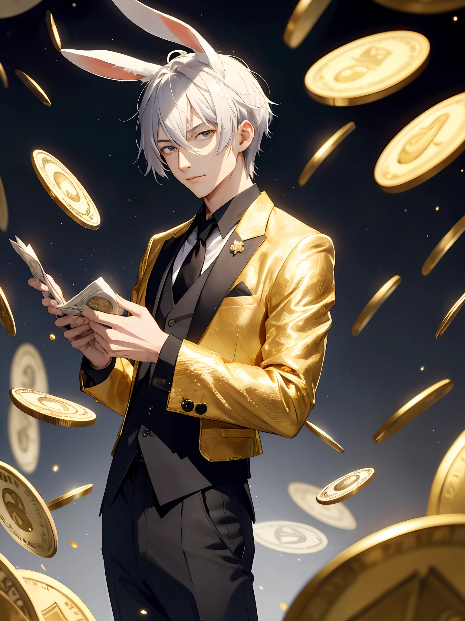 man ,rabbit ear man、ikemen,silver hair ,blieeyes,solo beautiful male::1.5 holding big money::1.5 in,neon,night,wearing black suit,Beautiful eyes,slender,holding big money::1.5, flyng money,scattered money,money effect , gold coin background, flying money and coin,gold coin of mana, handsom