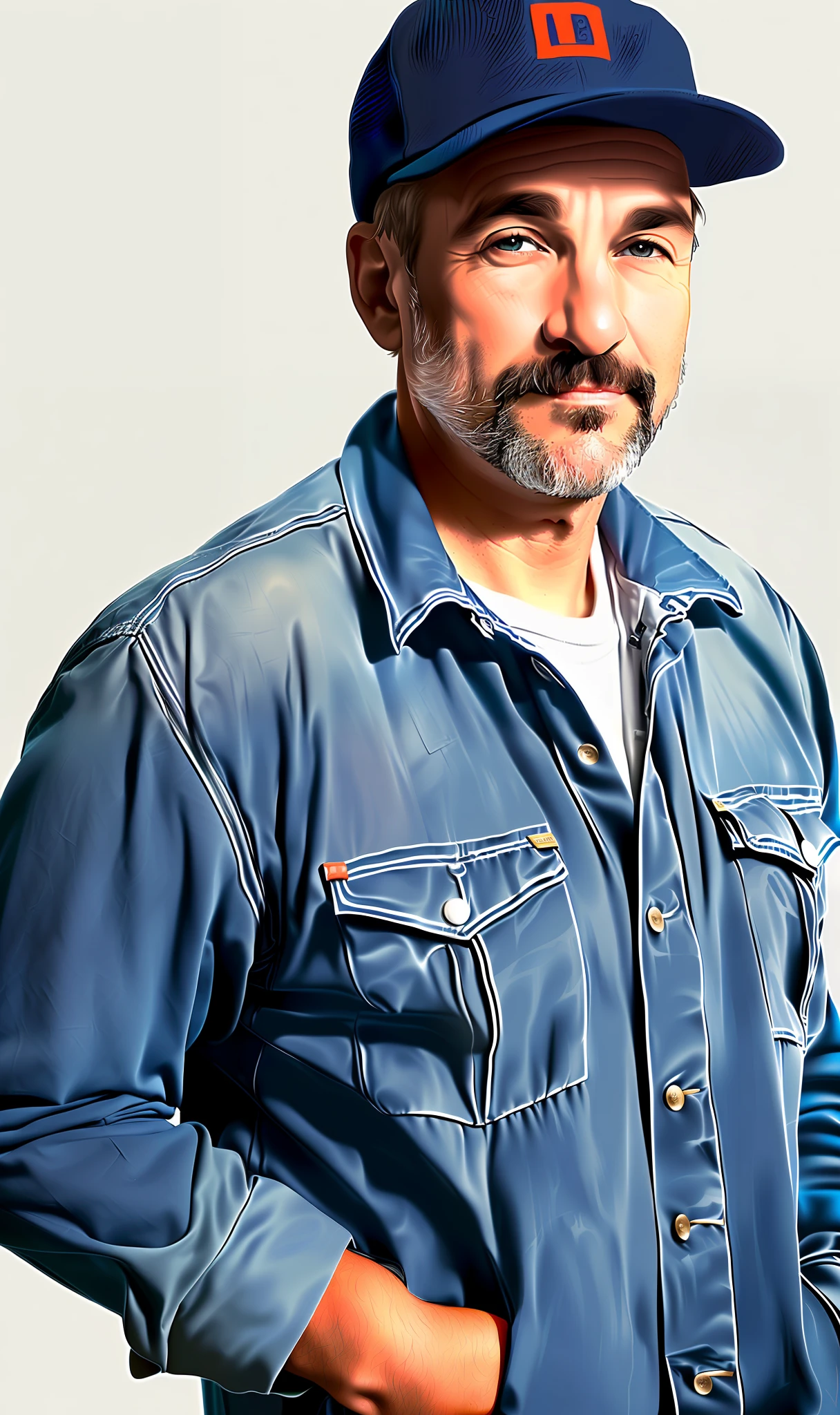 A customer commissioned a portrait of a 40-year-old man wearing mechanic's clothes. He wants the image to be used as his profile picture on a professional social network. In addition, he asked that the background of the scene represent an 80s workshop, with a truck in the background. Use your creativity to create a stunning illustration that captures the essence of the character and conveys the nostalgic atmosphere of the time. Remember that your art will be the first impression the customer will make on other users, so focus on the details and composition."