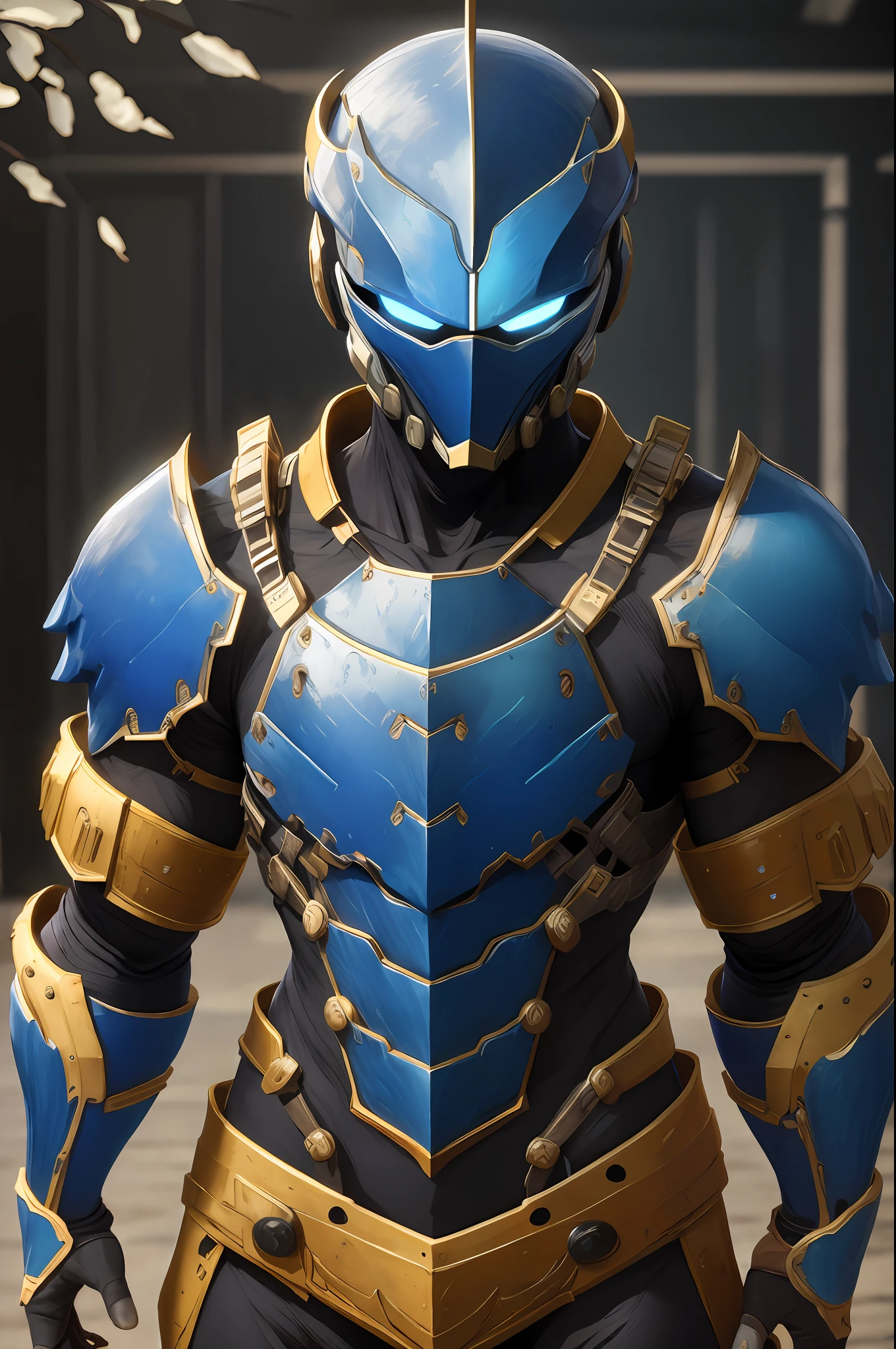 masterpiece, best quality, 1 boy, armor, upper body, looking for viewer, ninja blue armor,