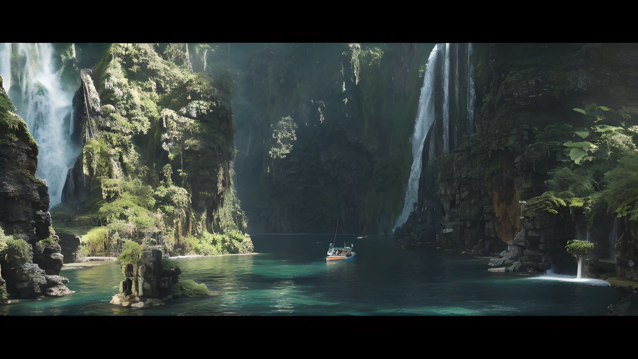 there is a boat that is floating in the water near a waterfall, beautiful mattepainting, 3 d render and matte painting, 3d rendered matte painting, epic cinematic matte painting, 8k matte painting, 8 k matte painting, highly detailed matte painting, cinematic matte painting, 4 k matte painting, mattepainting, cinematic 3d render, detailed cinematic render