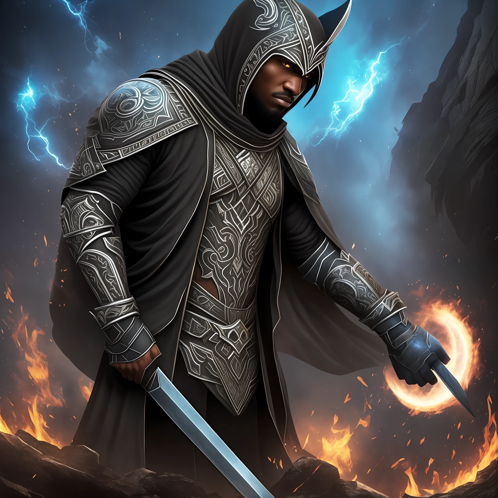 A black warrior half man and half demon with shield and cloak half black and blue --auto --s2