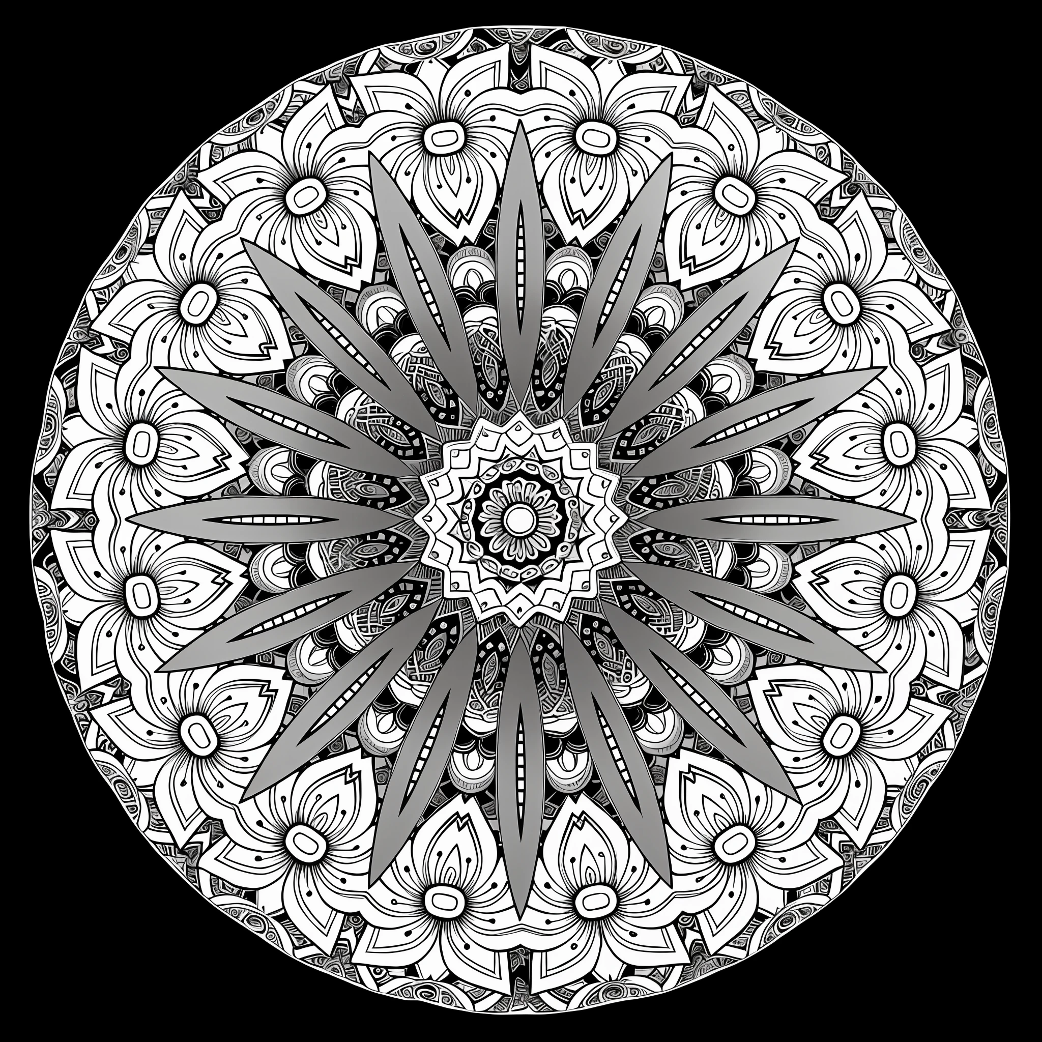 a circular coloring page with a flower design in black and white, a beautiful buddhist mandala, with symmetry intricate detailed, highly detailed symmetry, mandala, highly detailed linework, detailed symmetrical, symmetrical complex fine detail, ultra intricate detailed, lotus mandala, intricate lineart, symmetrical and intricate, centered radial design, mandalas, mandala ornament, mandala art