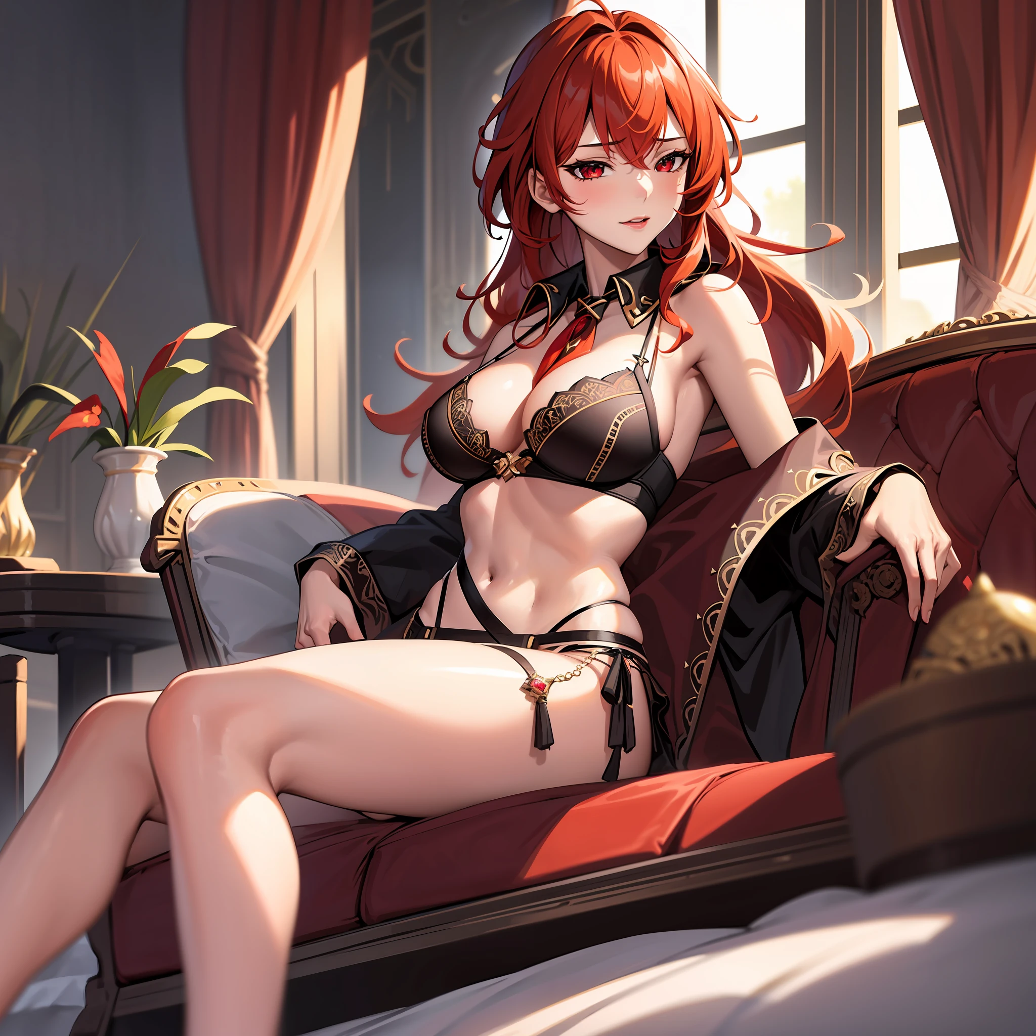 1girl, solo, (diluc, genshin impact), detailed face, high quality, (( sexy lingerie)), laying in a bed, indoor, bedroom, well detailed background, detailed face, detailed eyes, mature woman, red eyes, red hair, long hair, big breasts, calm face, princess, cleavage, sexy, topless, erotic, exposed breasts, exposed shoulders, exposed skin