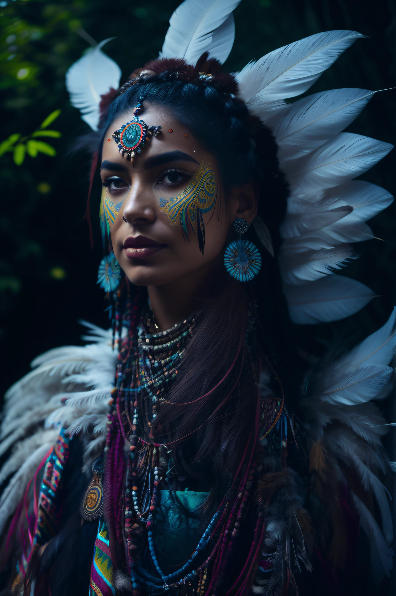 arafed woman with feathers and feathers on her head and face, beautiful young female shaman, she is dressed in shaman clothes, avian warrior, shanina shaik as medusa, portrait of mermaid warrior, a young female shaman, inka harpy girl, portrait of a dark fantasy nymph, : native american shamen fantasy, wearing crown of bright feathers