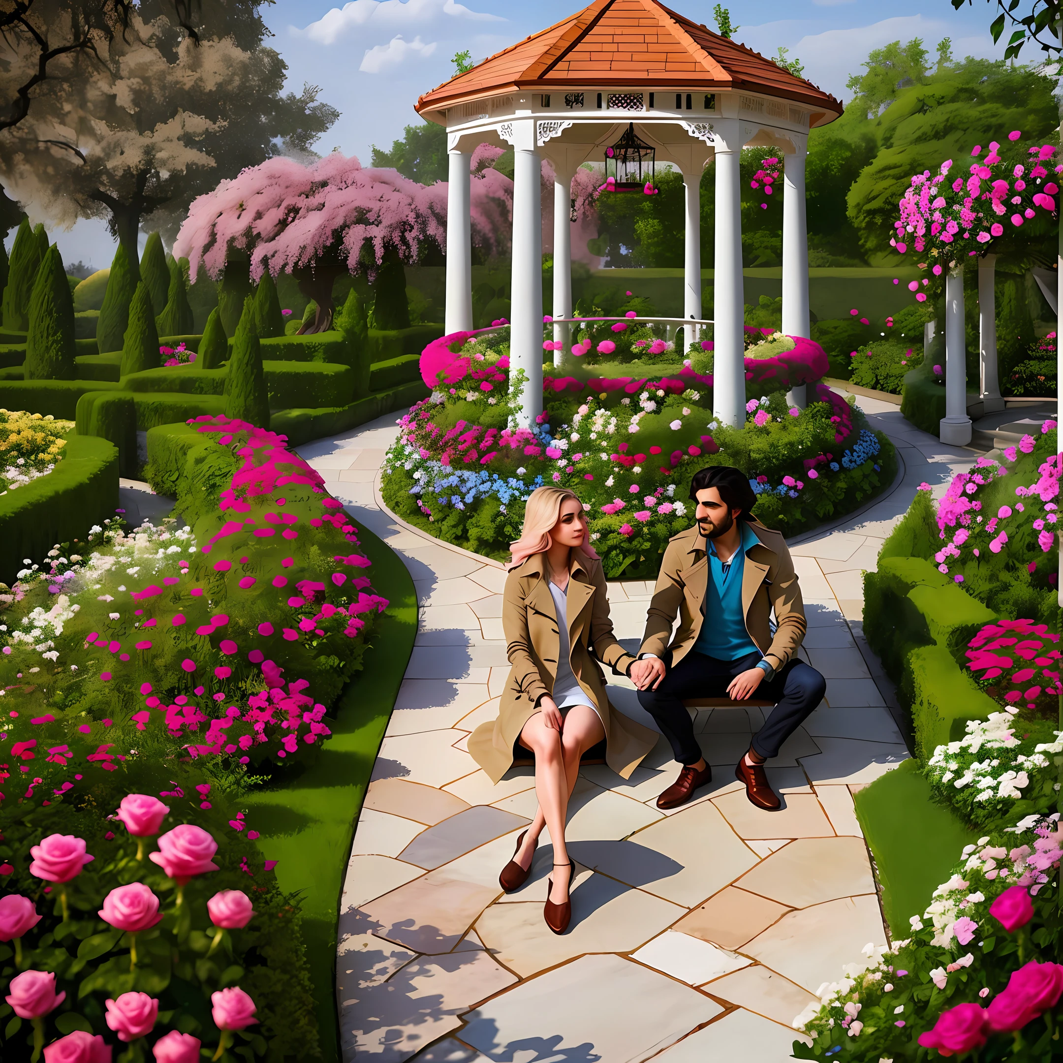 araffes in a rose garden with a gazebo and a bench, instagram influencer, wearing a long beige trench coat, in style of niko pirosmani, romantic couple, bright colored streaks of hair, very very very beautiful!, indigo blooming flowers garden, unreal engin, photorealsitic, pink body