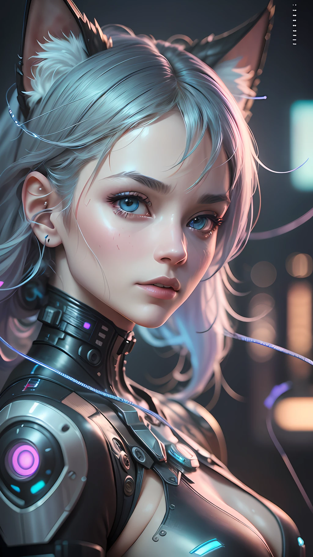 Ethereal ultra detailed upper body photograph of a beautiful porcelain cyberpunk catgirl, android face, cyborg, robotic parts, beautiful studio soft light, rim light, vibrant details, luxurious cyberpunk, hyperrealistic, cable electric wires, circuitry, elegant, cyberpunk background, octane render, H. R. Giger style, 8k, best quality, masterpiece, illustration, an extremely delicate and beautiful, extremely detailed, unity ,wallpaper, (realistic, photo-realistic:1.37), masterpiece,best quality,official art, extremely detailed CG unity, f/2.8 depth of field