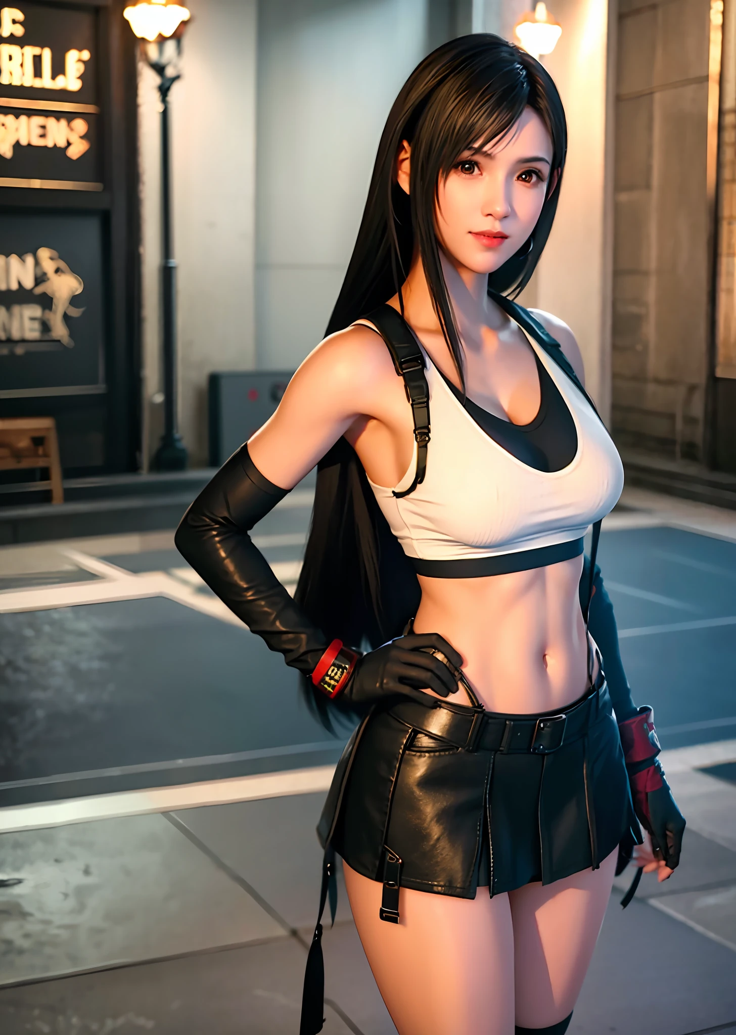 (Photorealistic: 1.4), top quality, very delicate and beautiful, high resolution, 1girl, tifa_lockhart, smile, full body, suspender skirt, tank top, tense shirt, black hair, long hair, elbow gloves, beautiful detailed red eyes, face light, movie lighting, navel, low rise, abdomen exposed, ribs, abs, (big: 1.5)