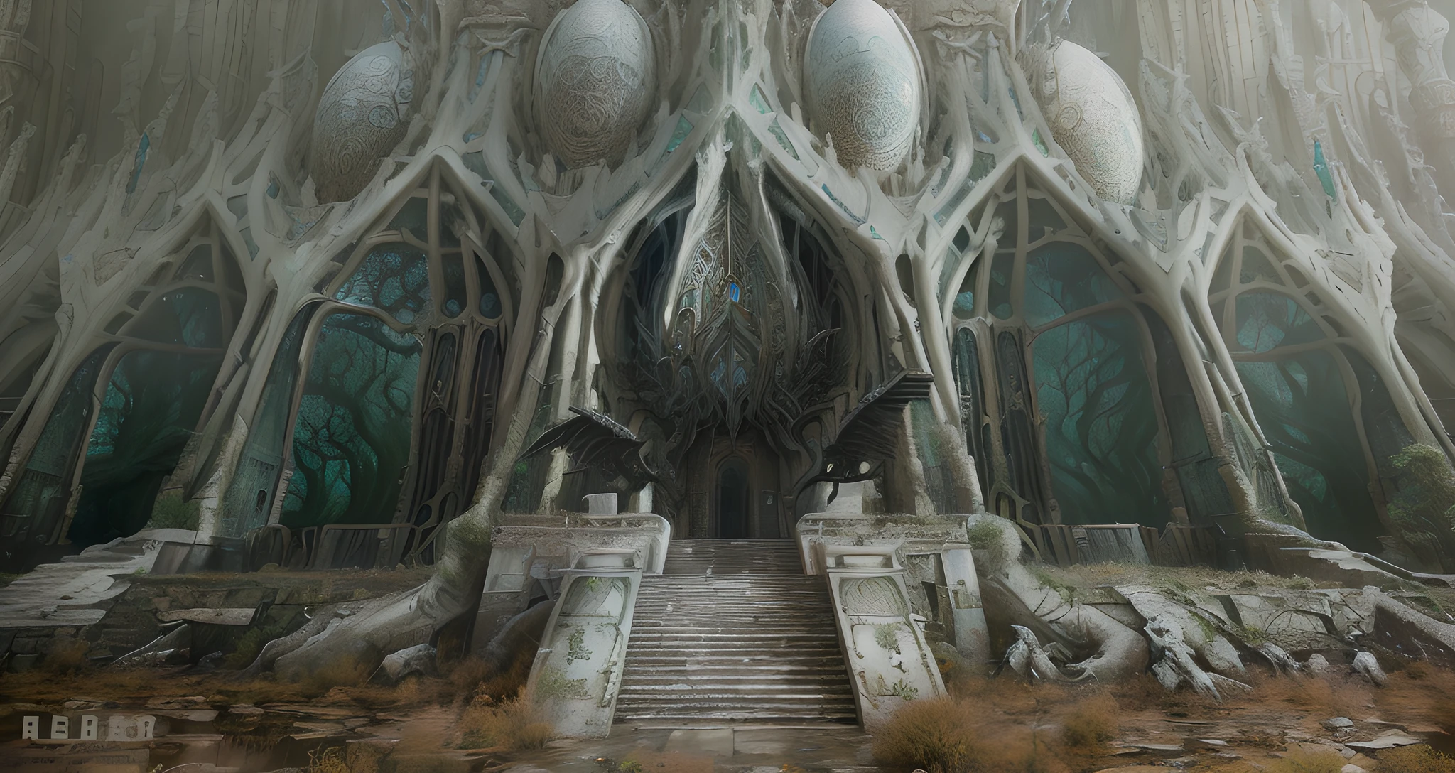 there is a very large tree with a staircase going up it, ancient biomechanical temple, symmetrical epic fantasy art, elven palace of ghemathar, ornate giger background, exterior of scifi temple, elven architecture, detailed matte fantasy painting, entrance to ethereal realm, highly detailed fantasy art, alien temple, giger background liminal void