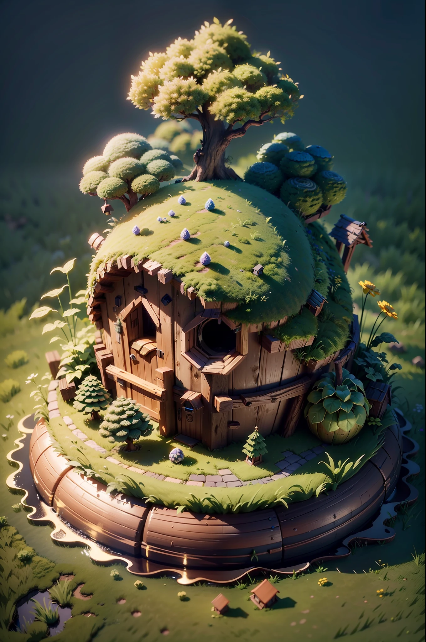(isometric 3D),(masterpiece), (extremely detailed CG unity 8k wallpaper), (best quality), (best illustration), (best shadow),
a cute ,A round turnip hut covered with moss
,octane render,ray tracing,ultra detailed