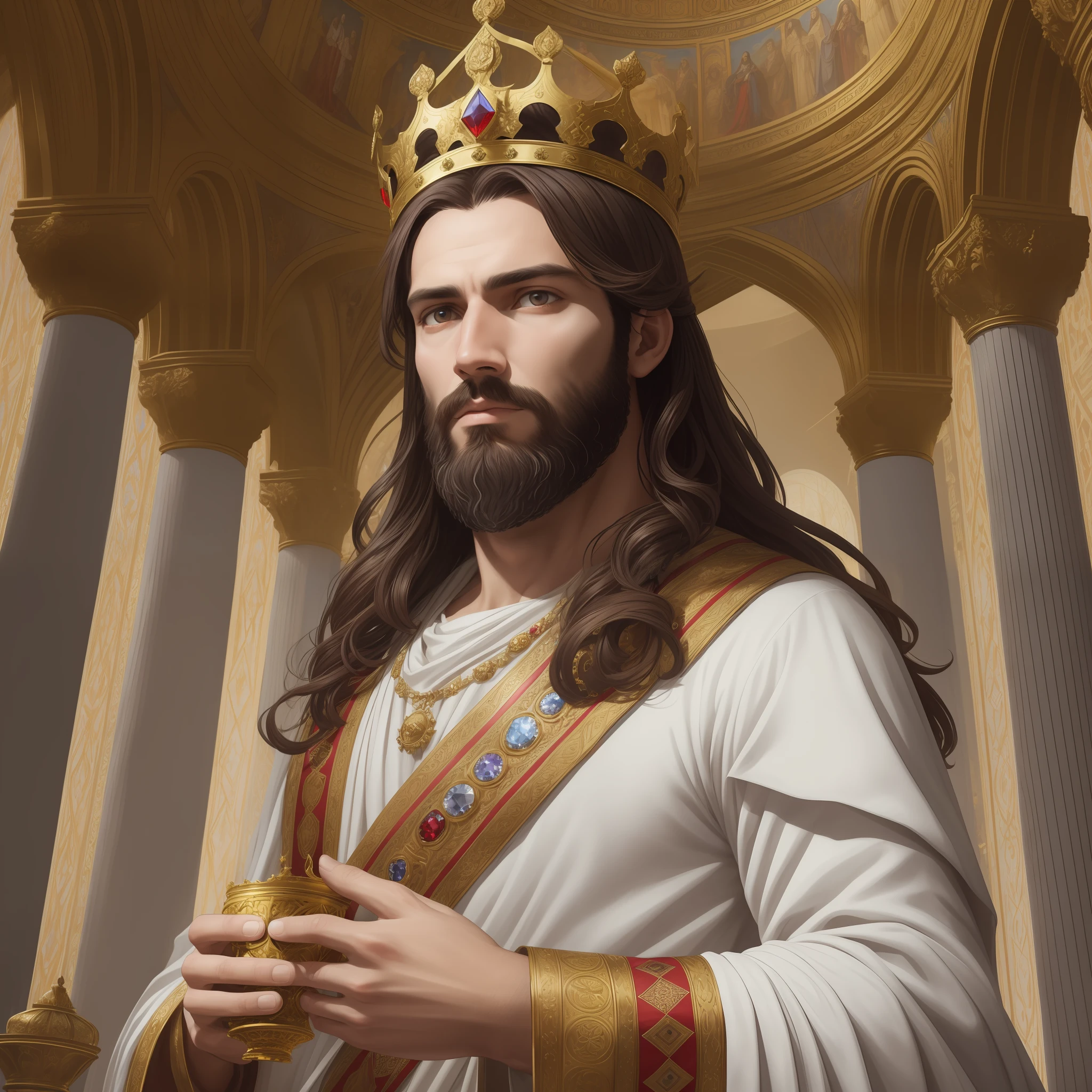 8k portrait of Jesus Christ, with medium beard, (dark brown hair and beard), brown eyes, dressed in white and red tonic, ((with a king's crown on his head with 12 precious stones of different colors)), intricate, elegant, highly detailed, majestic, digital photography, art by artgerm and ruan jia and greg rutkowski surreal painting, background an interior of a super detailed palace (masterpiece,  Side lighting, beautiful finely detailed eyes: 1.2), HDR